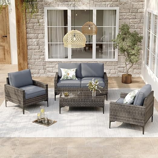 4-Piece Outdoor Wicker Patio Conversation Set with Tempered Glass Table