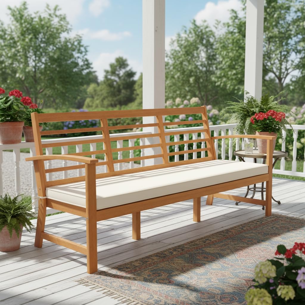 3-Seat Acacia Wood Outdoor Bench with Cushion