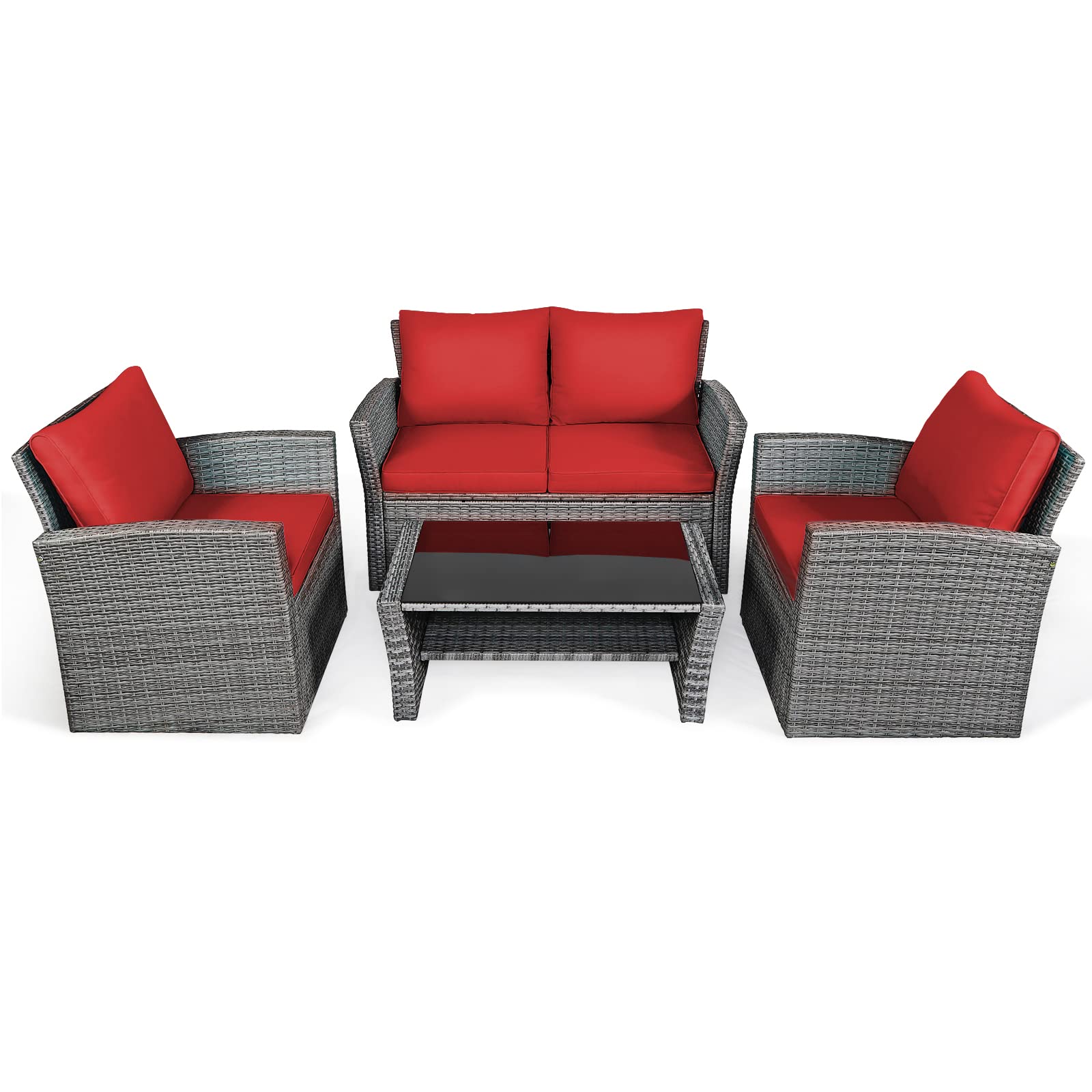 4-Piece Patio Rattan Furniture Set with Glass Coffee Table