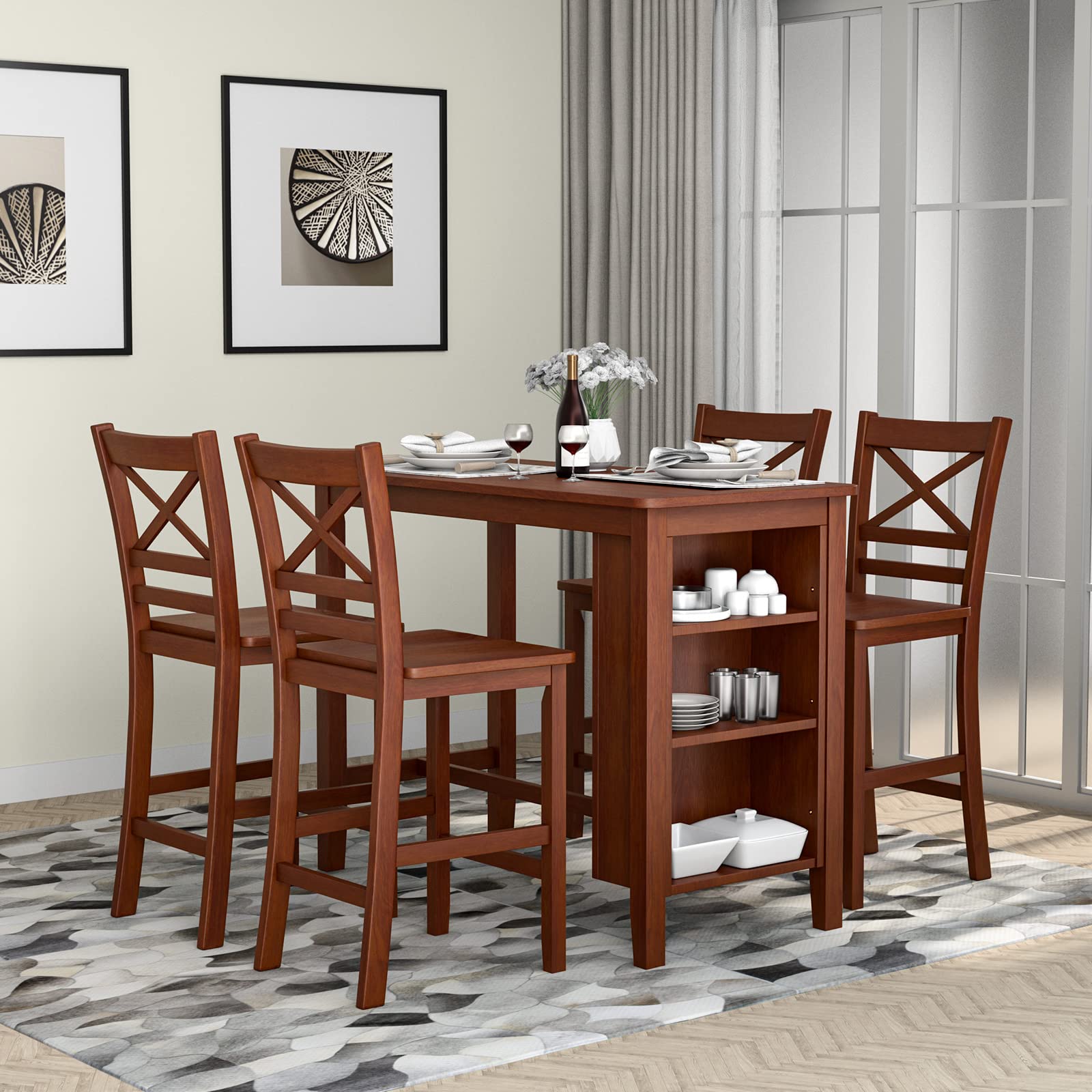 Counter Height Bar Table with 3-Tier Storage Shelves