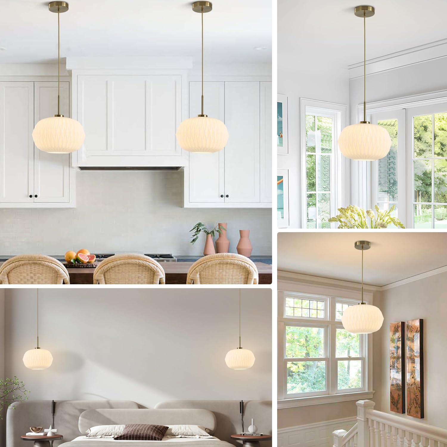 12-Inch Gold Pendant Light with Ribbed Glass Globe