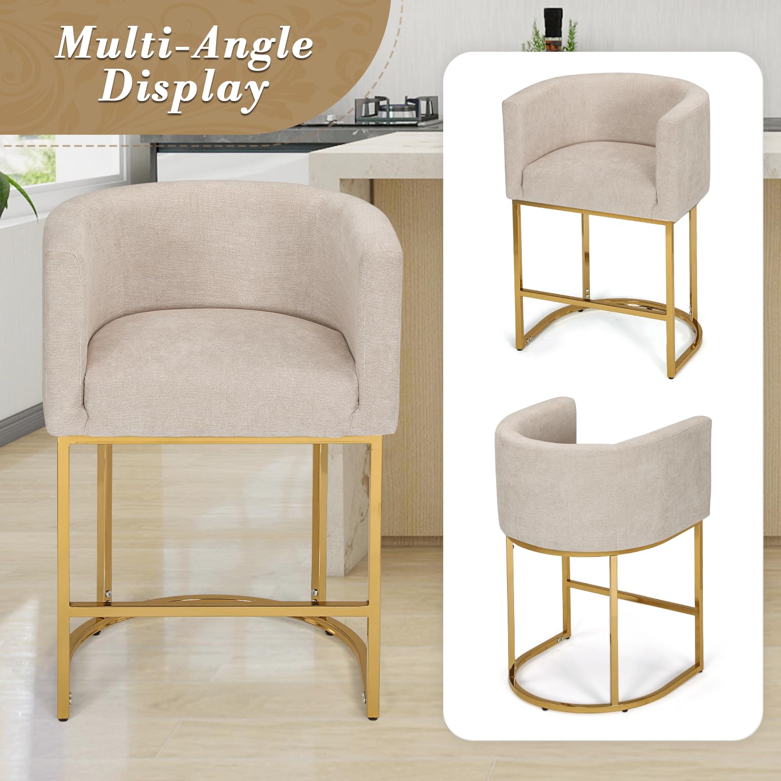 Upholstered Bar Stool Set of 2 with Gold Metal Stand