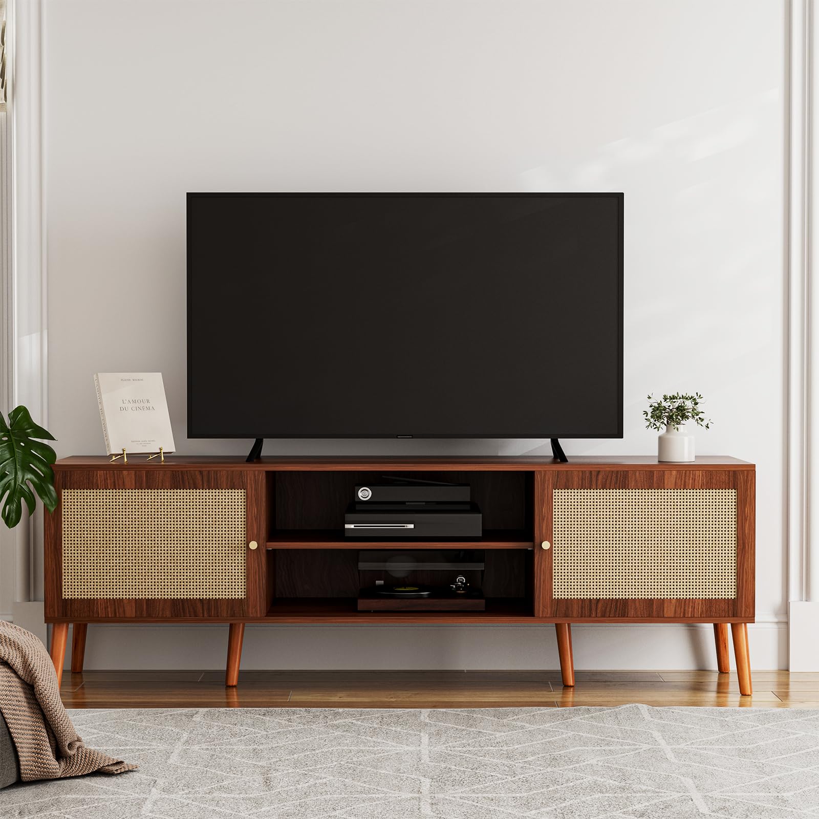 ZttRiee TV Stand for TVs up to 65'', Entertainment Center With Rattan Door, Shelves & 2 Cabinets, Long Boho Media Console for Living Room, Walnut
