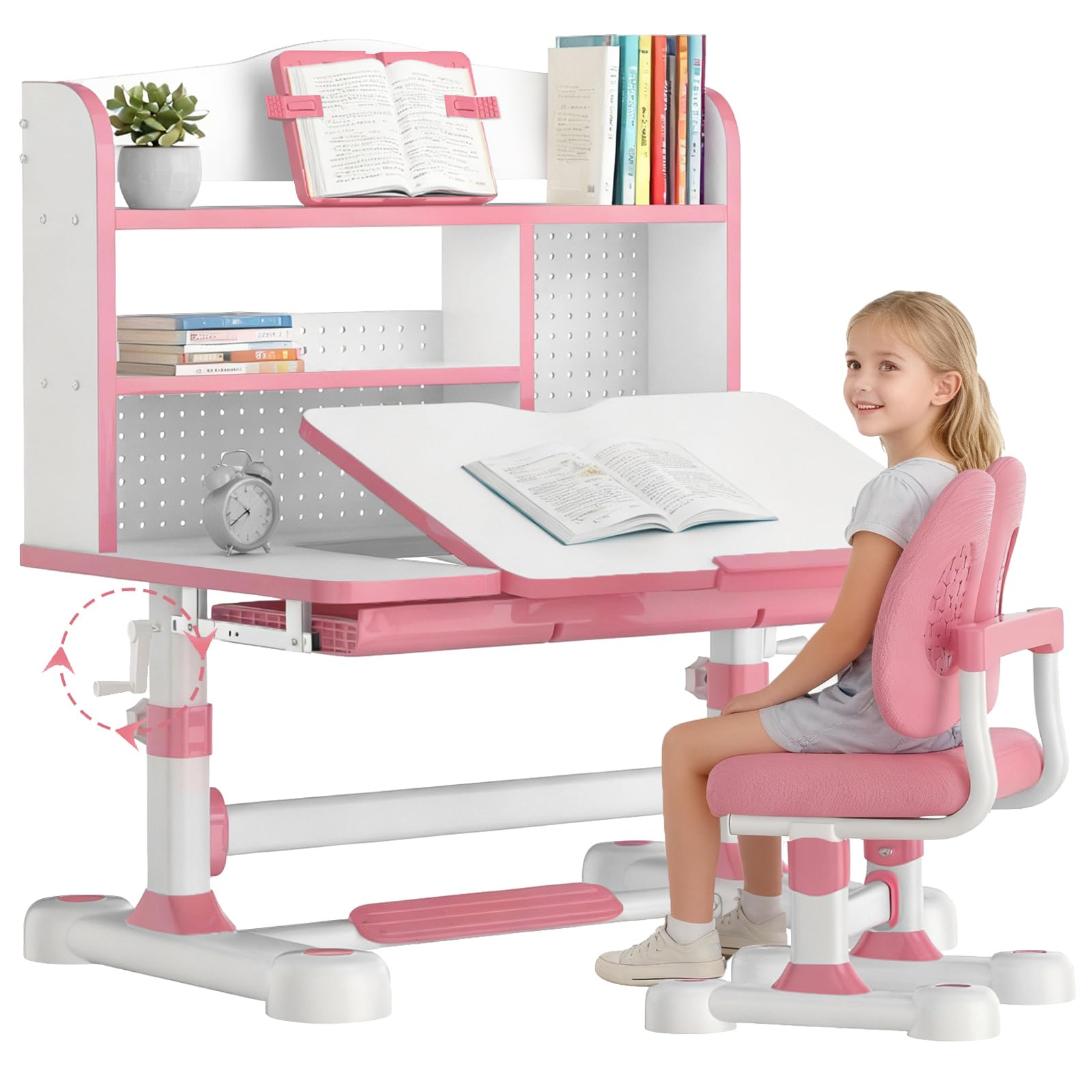 OYOWINGO Kids Functional Desk and Chair Set - Ergonomic Height Adjustable Art Desk for Bedroom with Tiltable Desktop, Book Stand, Reading Rack & Storage Drawer for Children Boys & Girls (013Pink)