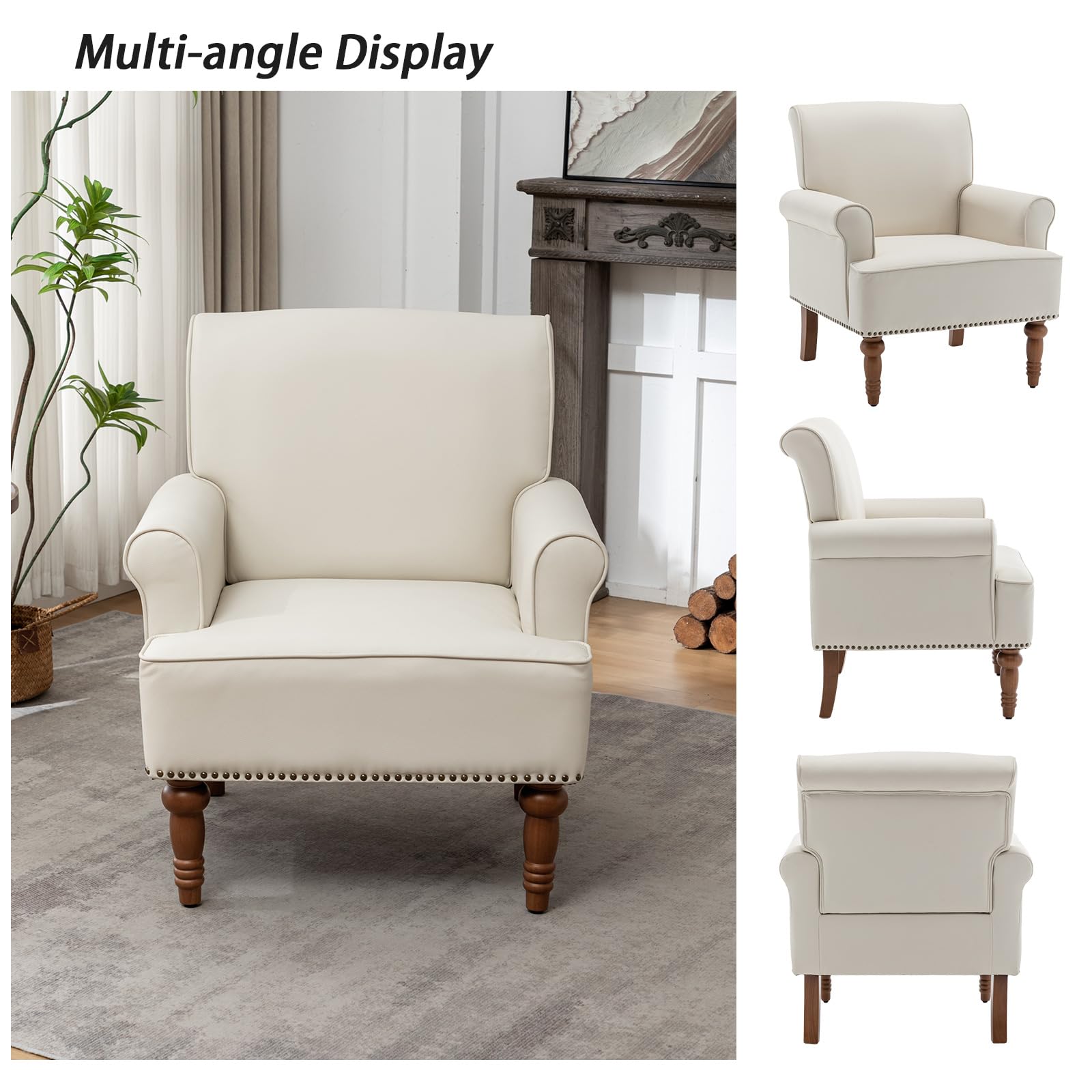 HOMEFLEX Accent Chair, Faux Leather Living Room Chairs with Nailhead Trim, Mid-Century Lounge Armchair with Solid Wood Legs, Comfy Reading Single Sofa for Bedroom, Waiting Room (White, 2 Chairs)