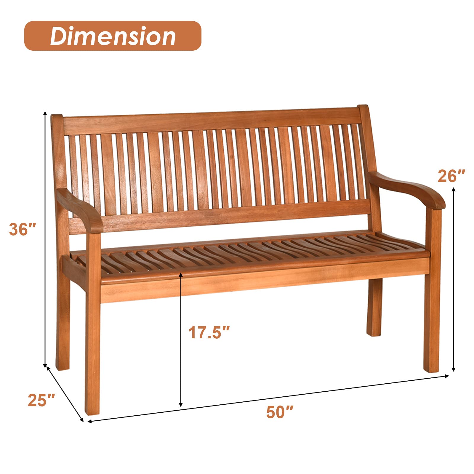 Eucalyptus Outdoor Loveseat Bench with Curved Armrests
