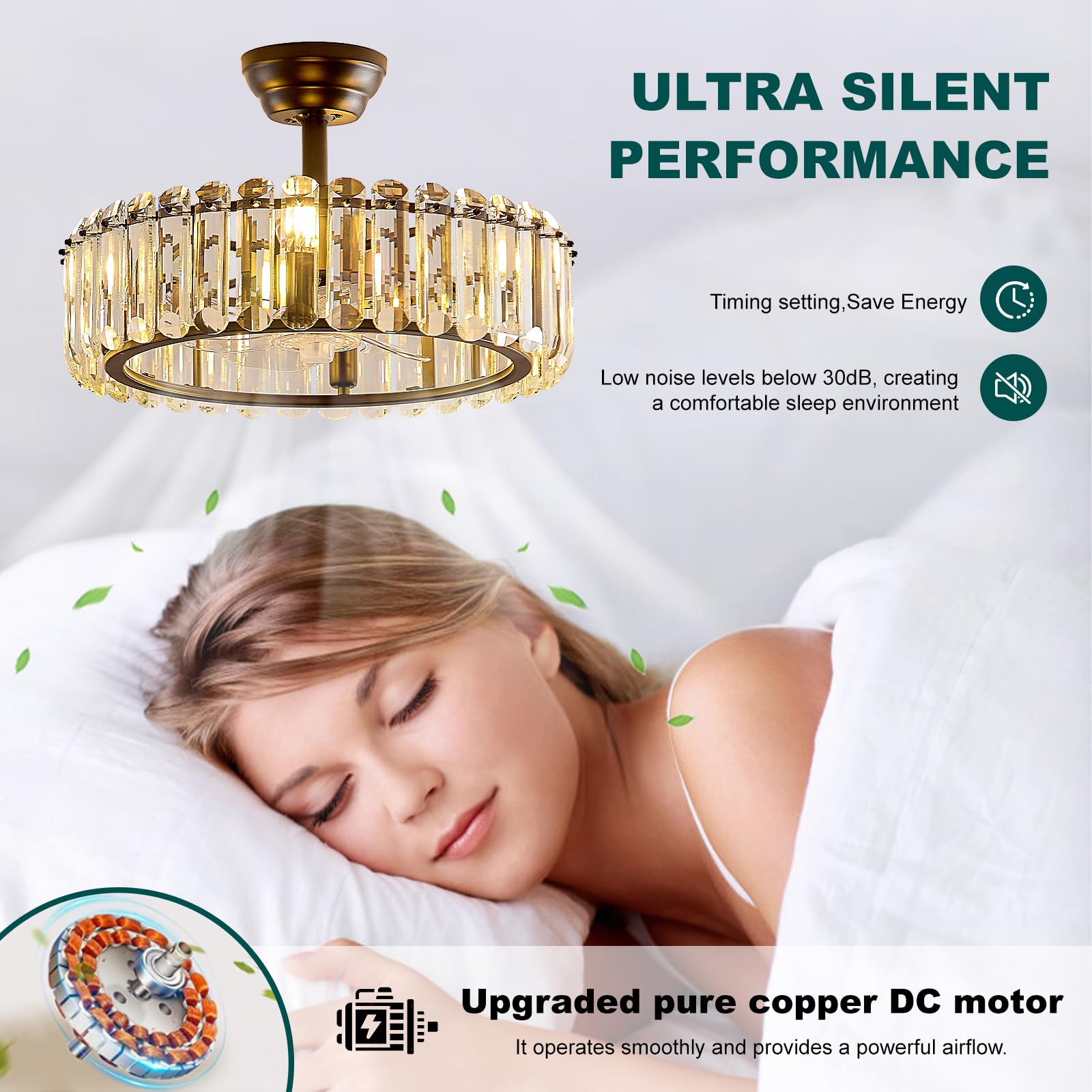 19.7 Inch Black Caged Crystal Ceiling Fan with Light