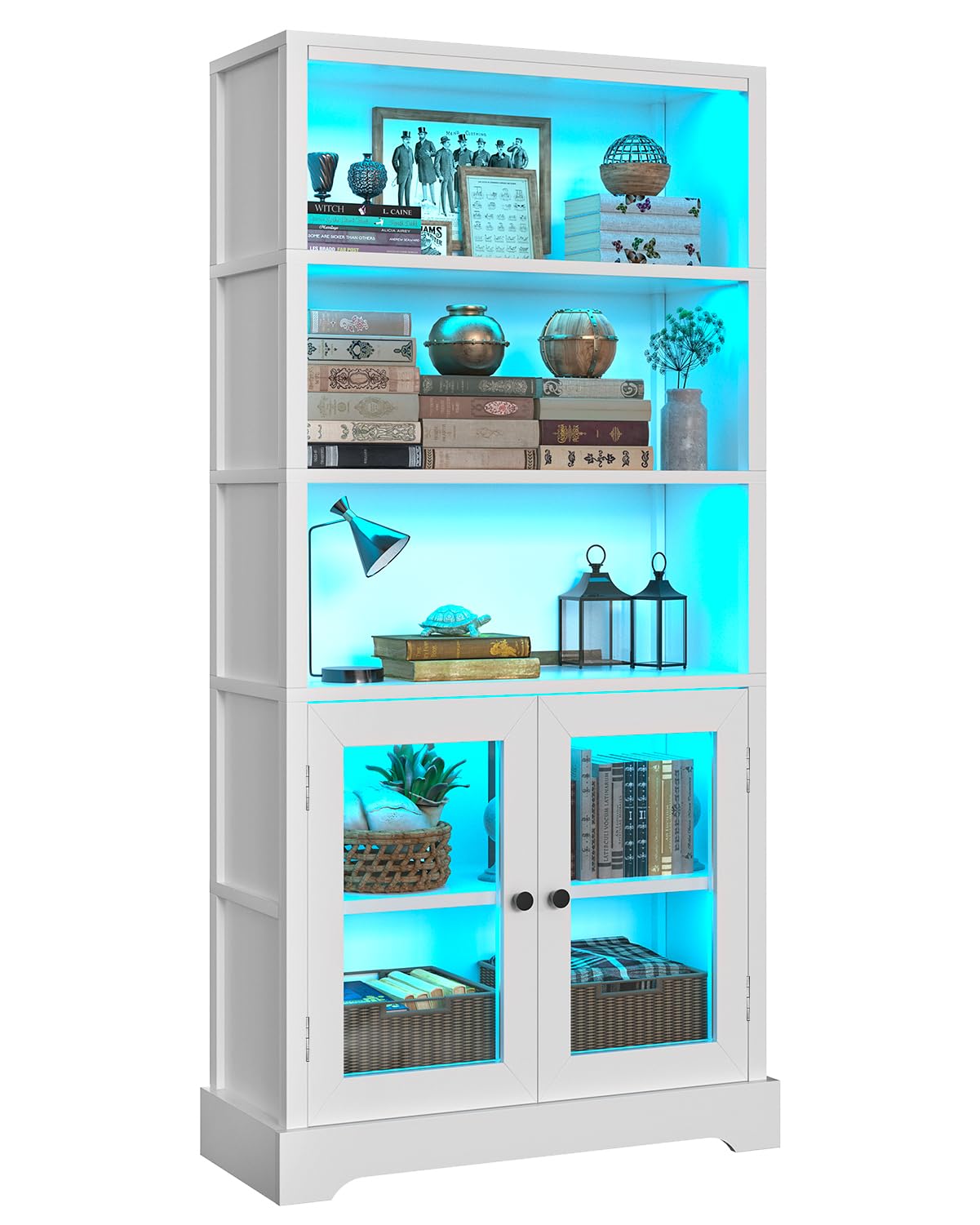 5-Tier Bookshelf with Multi-Color Ambient Lights and Cabinet Doors