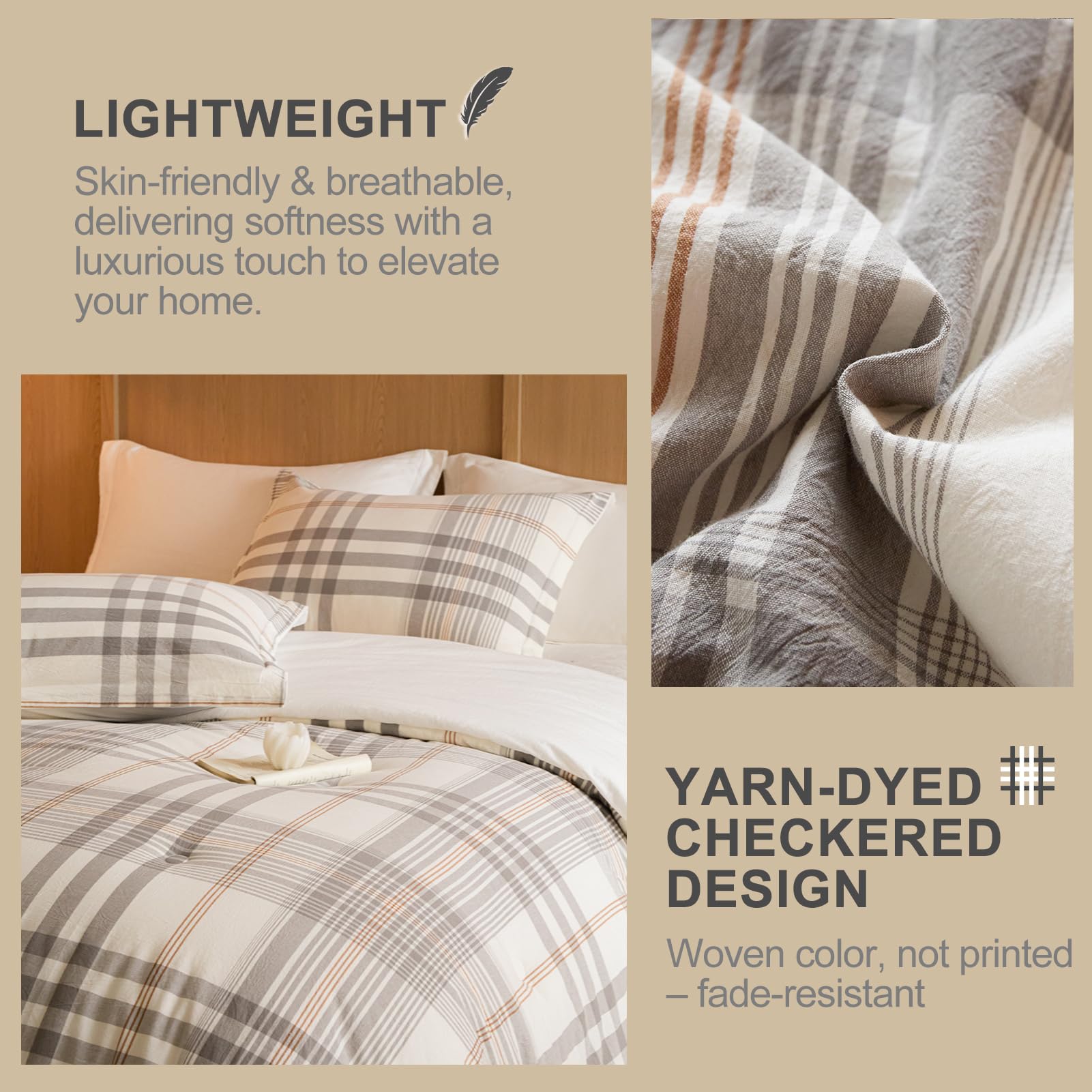 3-Piece Queen Cotton Comforter Set Grey White Plaid