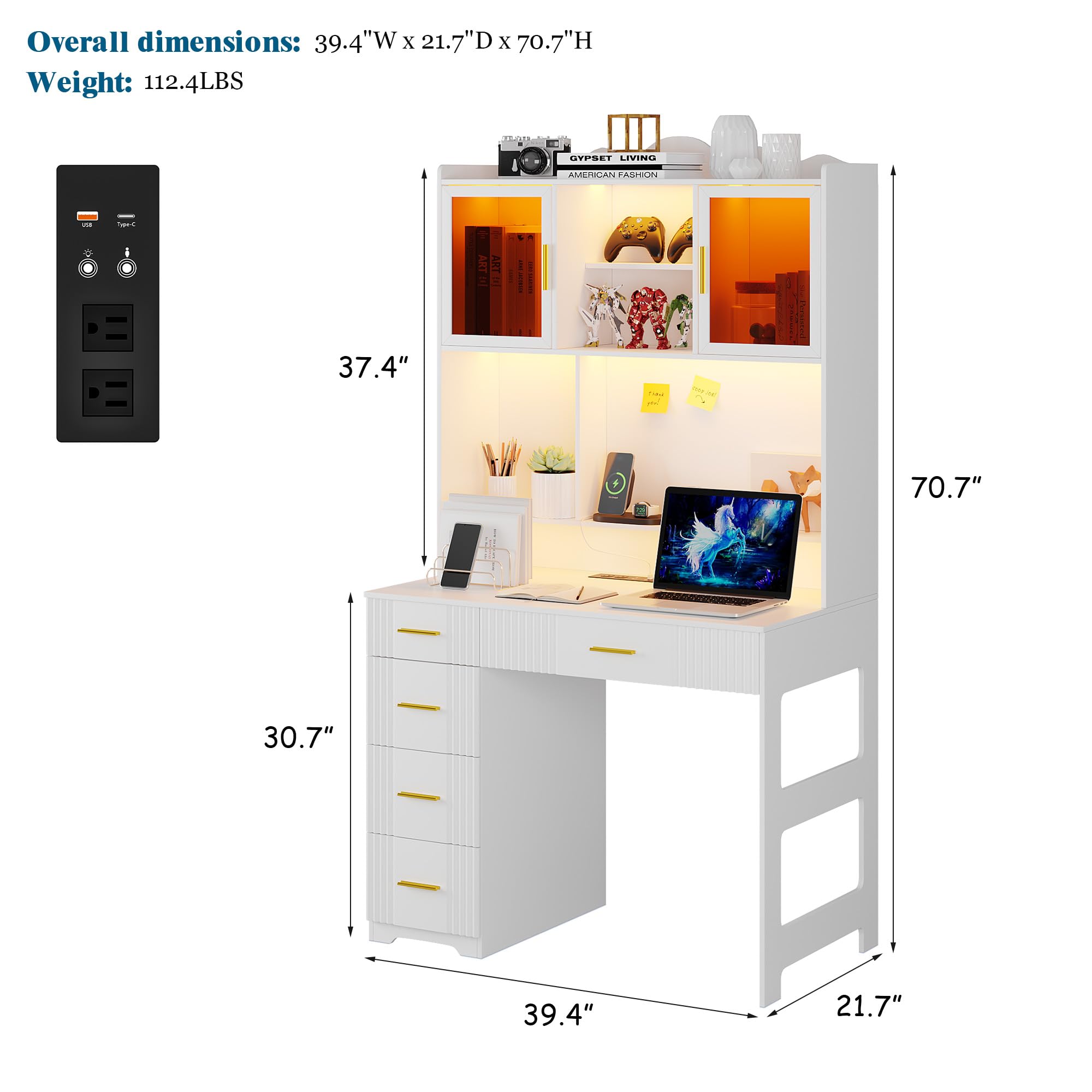 LED Study Desk with Hutch and Drawer