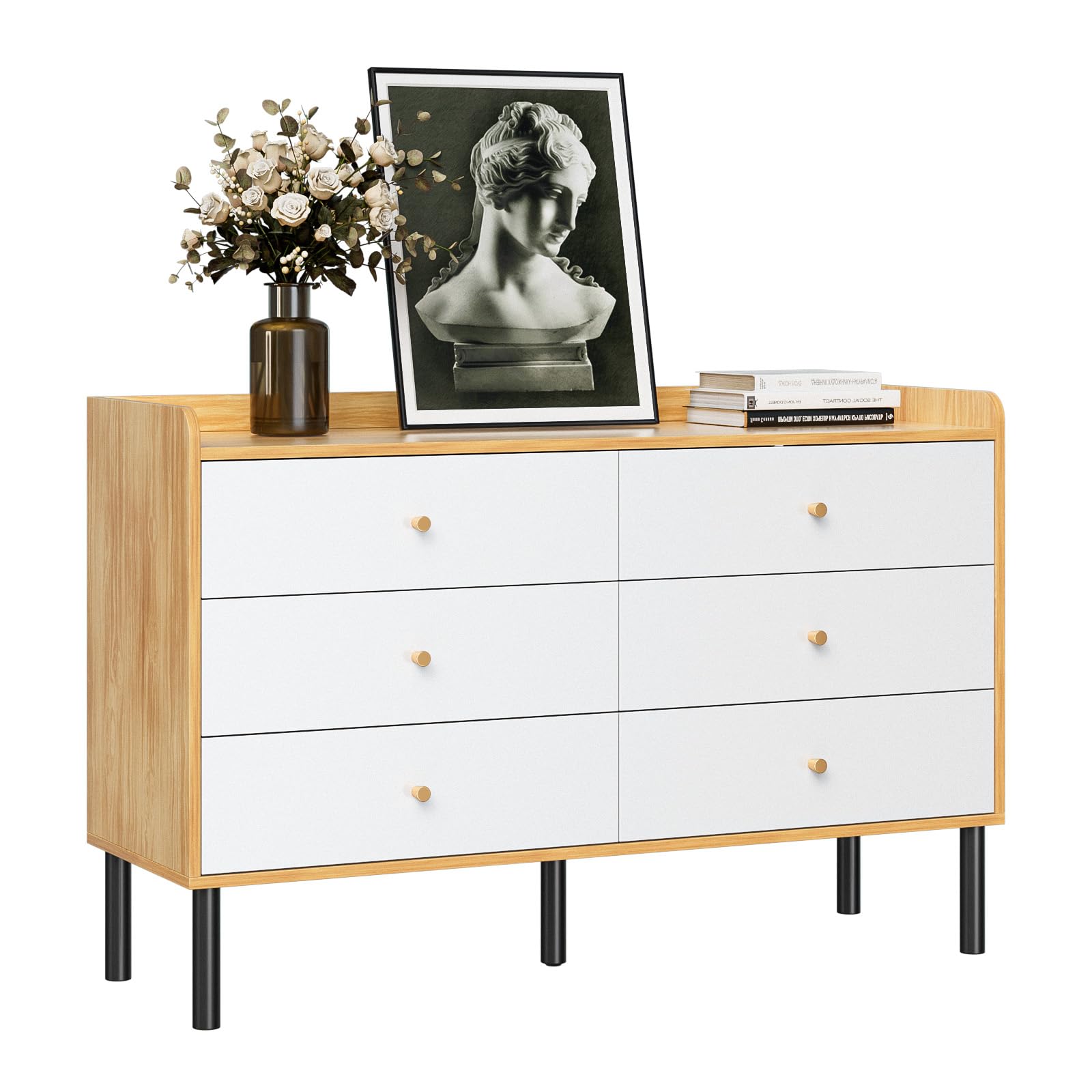 6 Drawer Natural Wood Dresser with Metal Handles