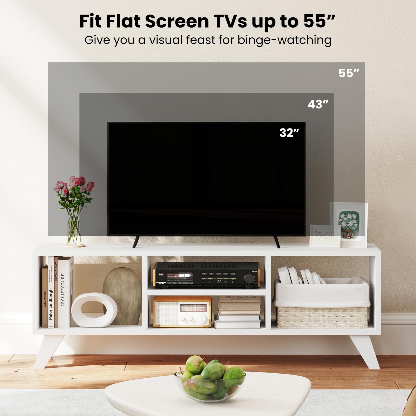 White TV Stand for TVs up to 55 Inches with 4 Open Storage Cubbies