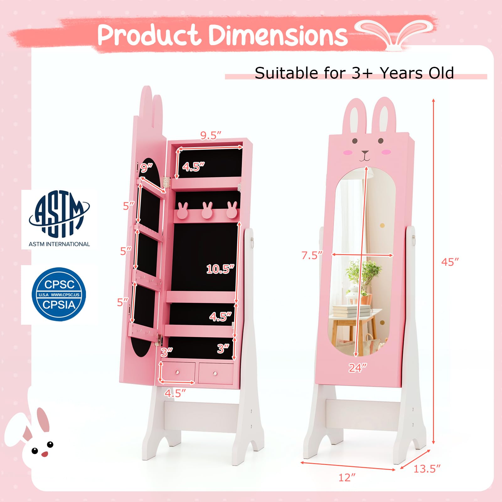 Kids Jewelry Armoire Cabinet with Full-Length Mirror