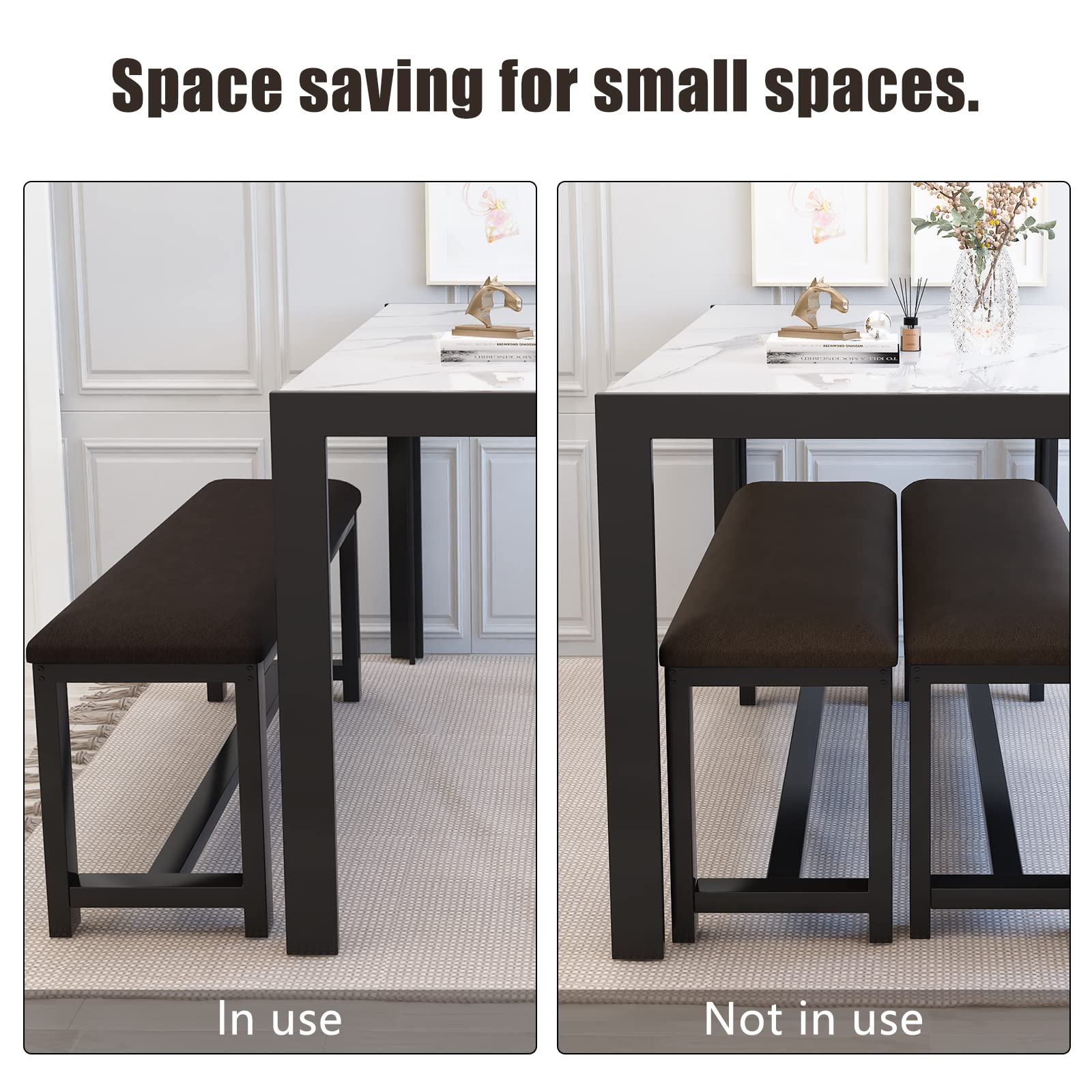 DKLGG Dining Table Set for 4, Kitchen Table with 2 PU Leather Upholstered Bench, Faux Marble Dining Room Table with Bench for Small Space