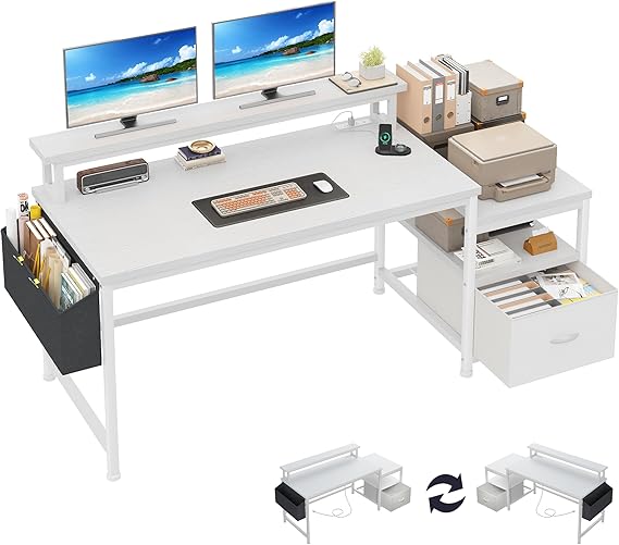 57" Computer Desk with Drawers and Power Outlets