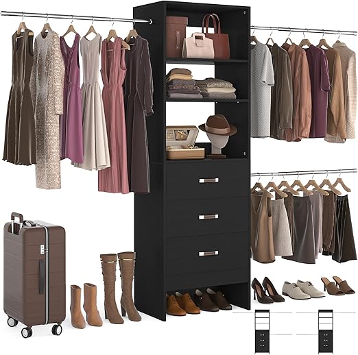 Walk-In Closet Organizer System with Hanging Rods and Drawers