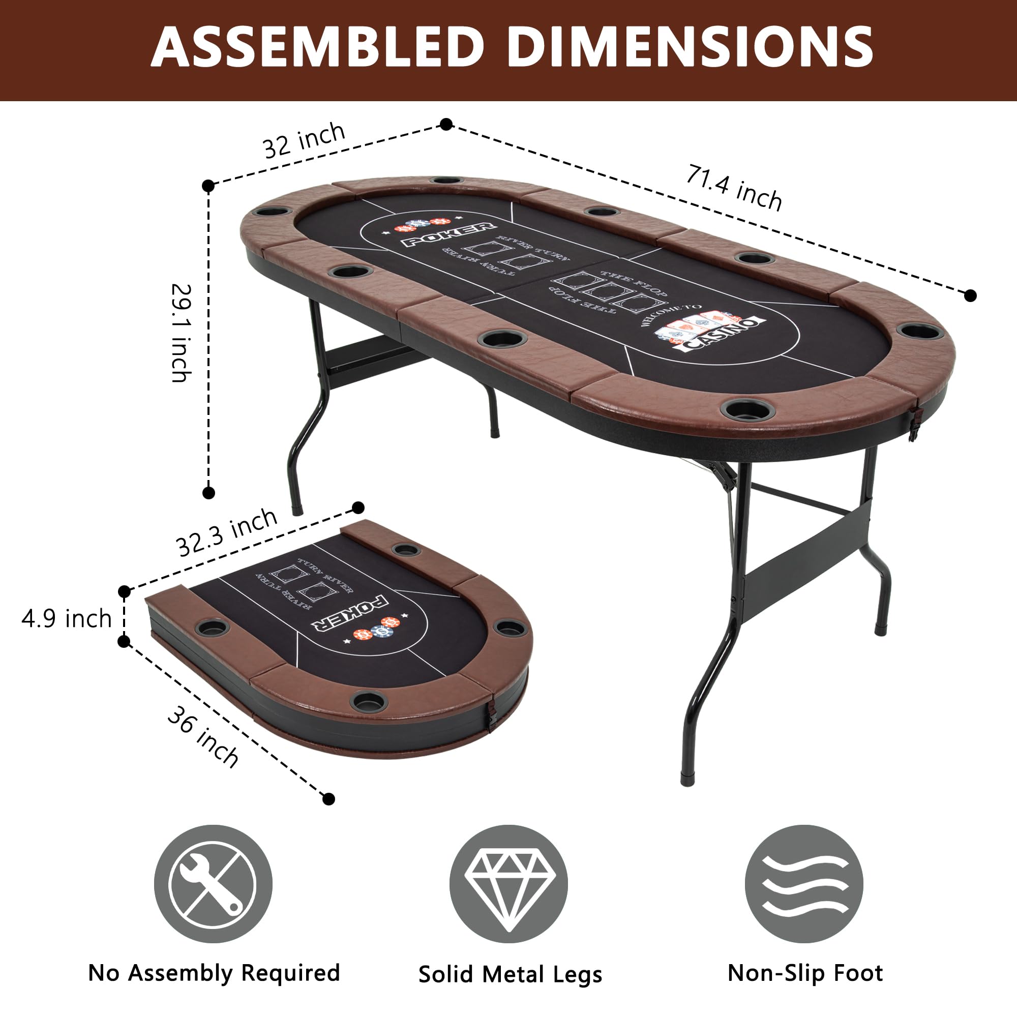 8 Player Folding Poker Table with Cup Holders