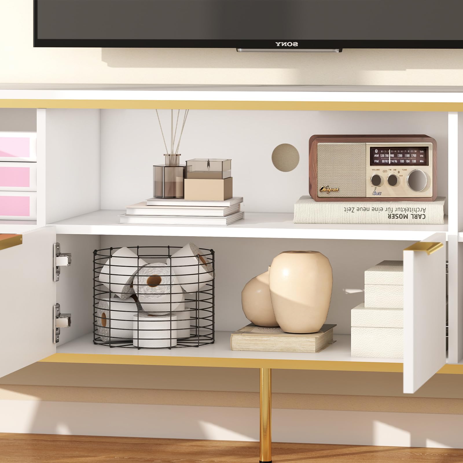 70" White Fluted TV Stand with Storage for TVs Up to 80"