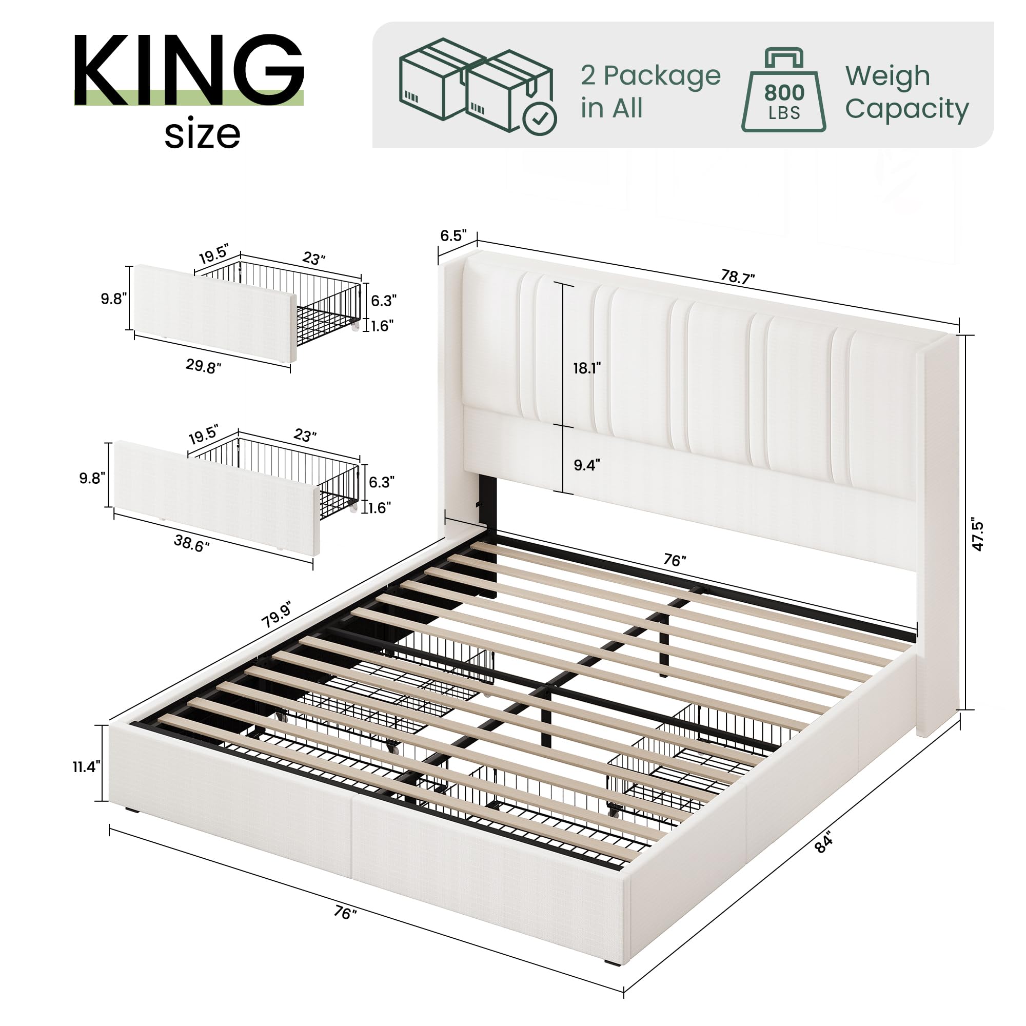 King Size Bed Frame with Storage Drawers and Wingback Headboard