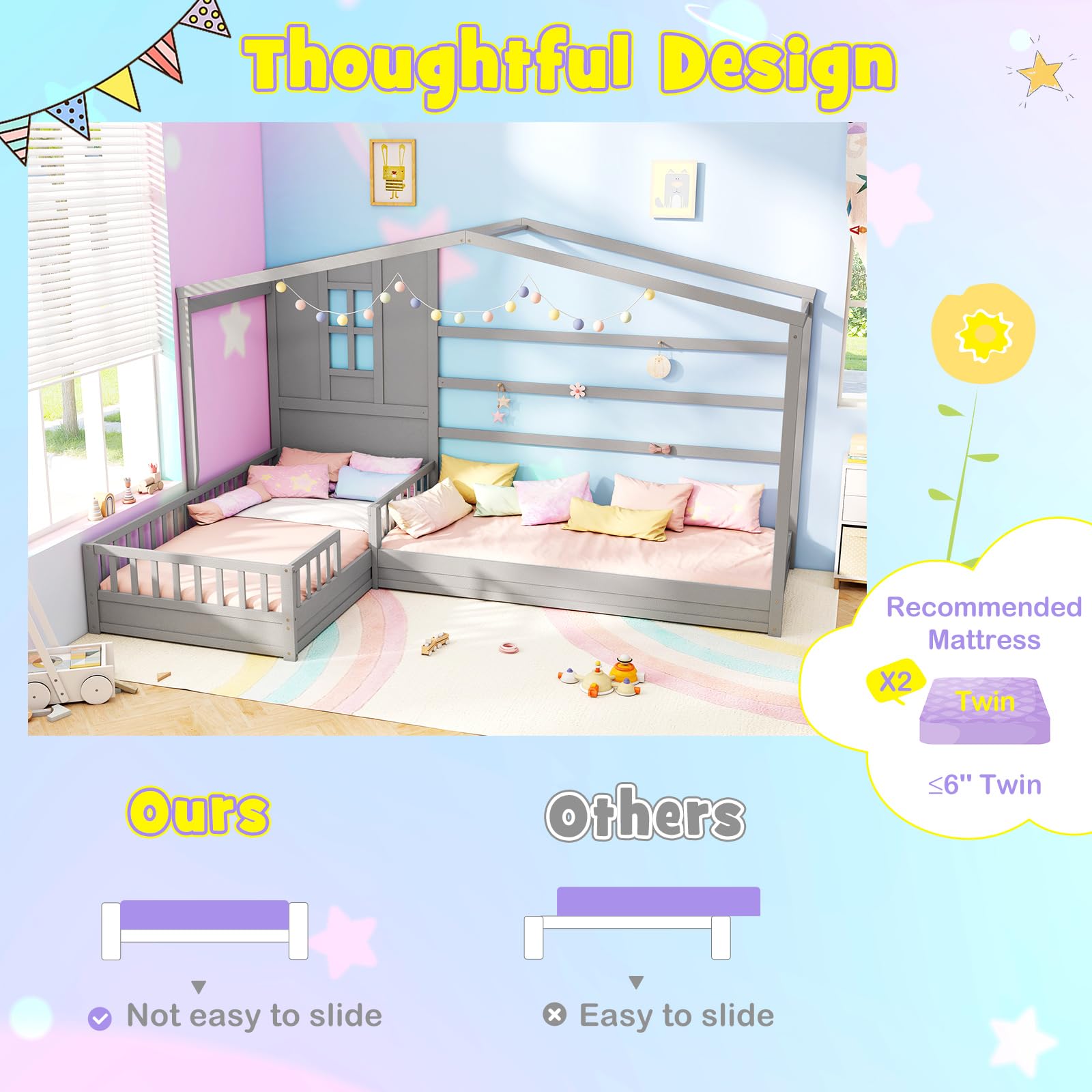 Double Twin L-Shaped House Bed with Window and Fences
