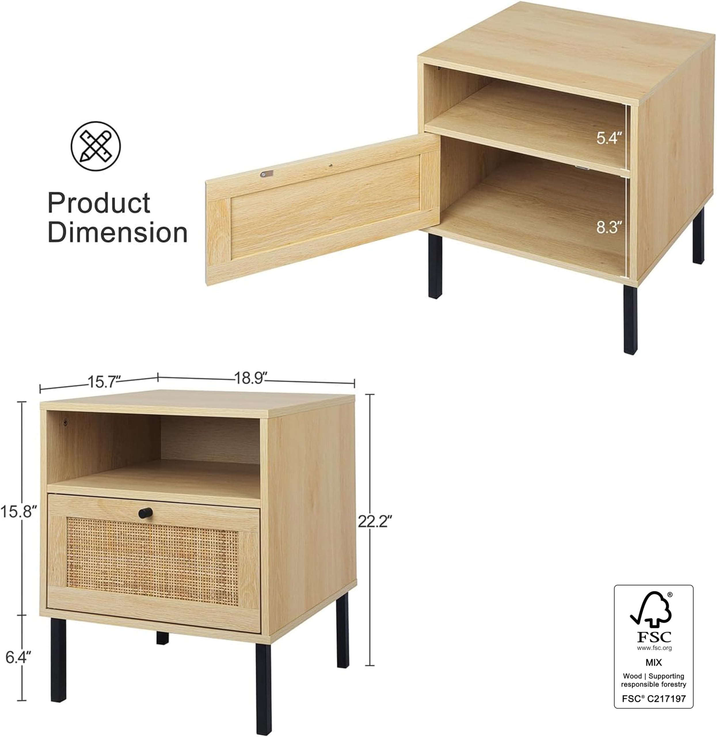 Rattan Nightstands Set of 2 with Door and Open Shelf