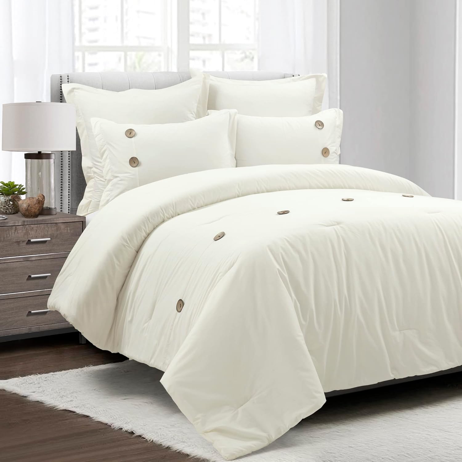 Linen Button Farmhouse 5 Piece Comforter Set Full Queen Navy