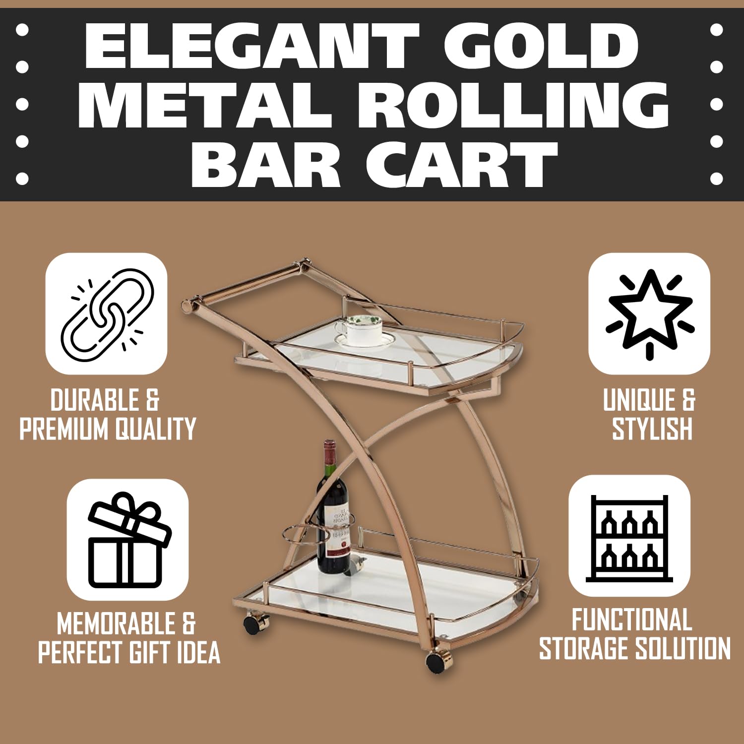 Rolling Bar Serving Cart with Glass Shelves and Wine Rack