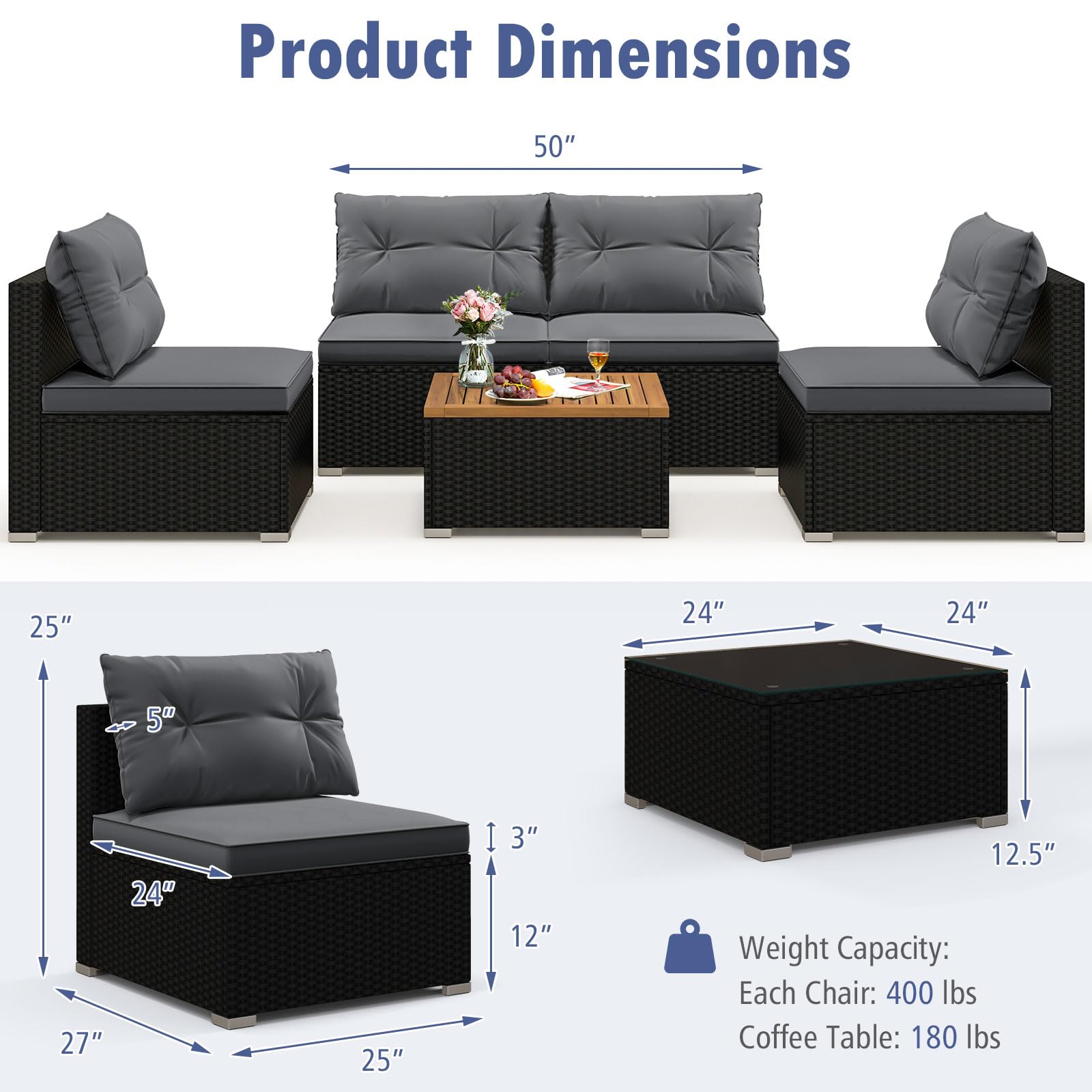 5-Piece PE Rattan Outdoor Sectional Set with Acacia Wood Coffee Table