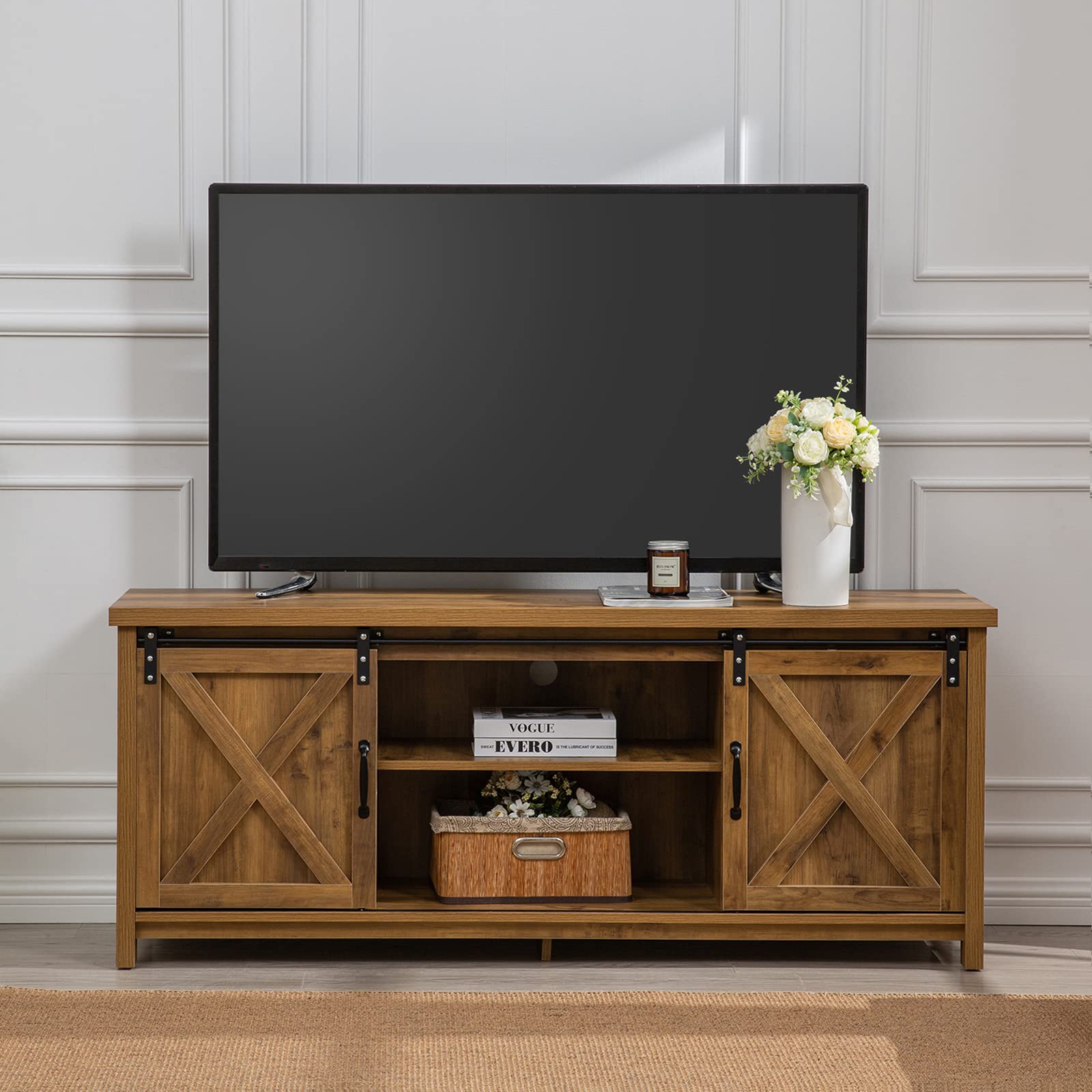 Modern Farmhouse TV Stand with Sliding Barn Doors for TVs up to 65 Inches