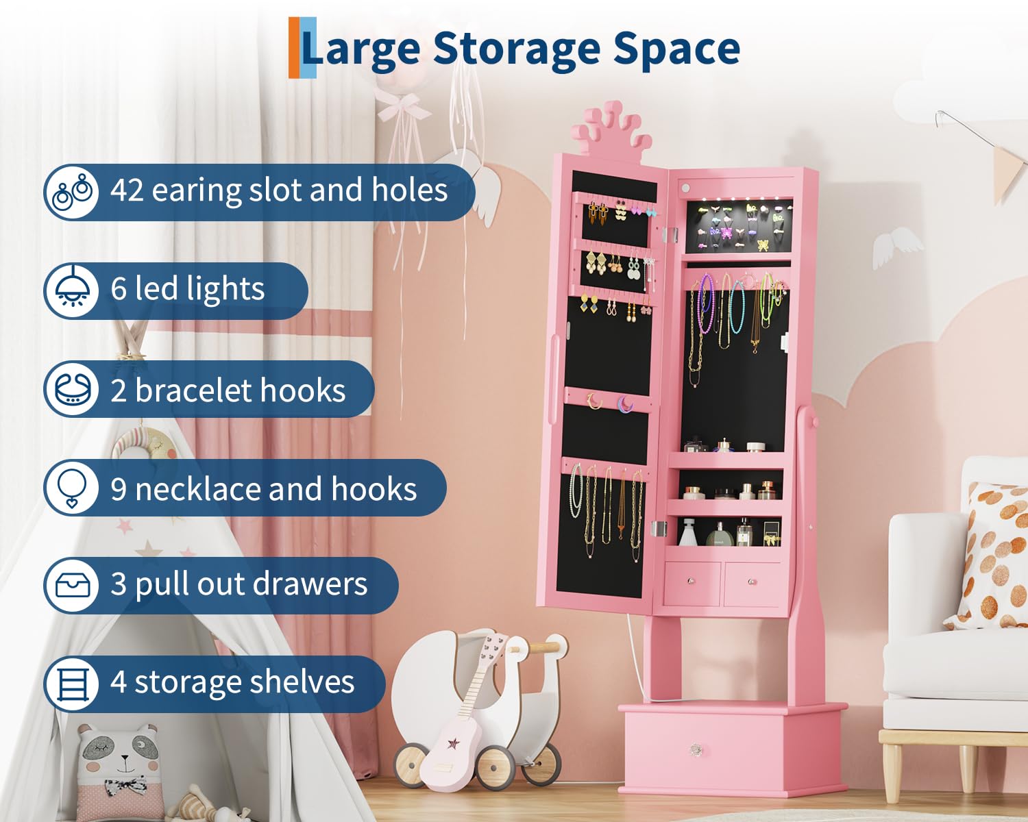 Kids Jewelry Armoire with Full-Length Mirror and LED Light