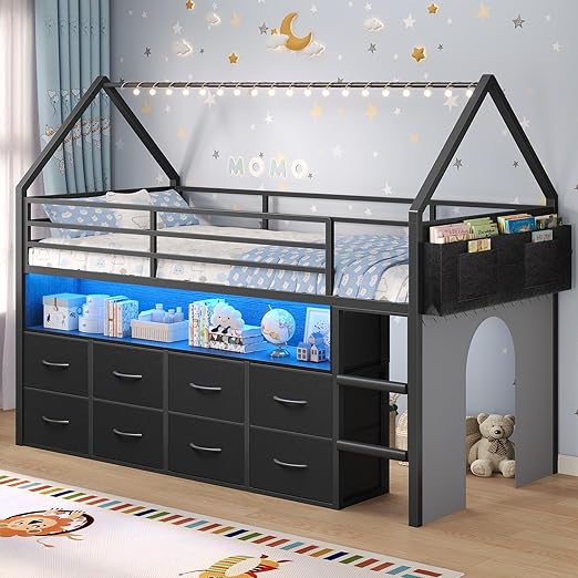 Twin Loft Bed with Storage Drawers and LED Lights