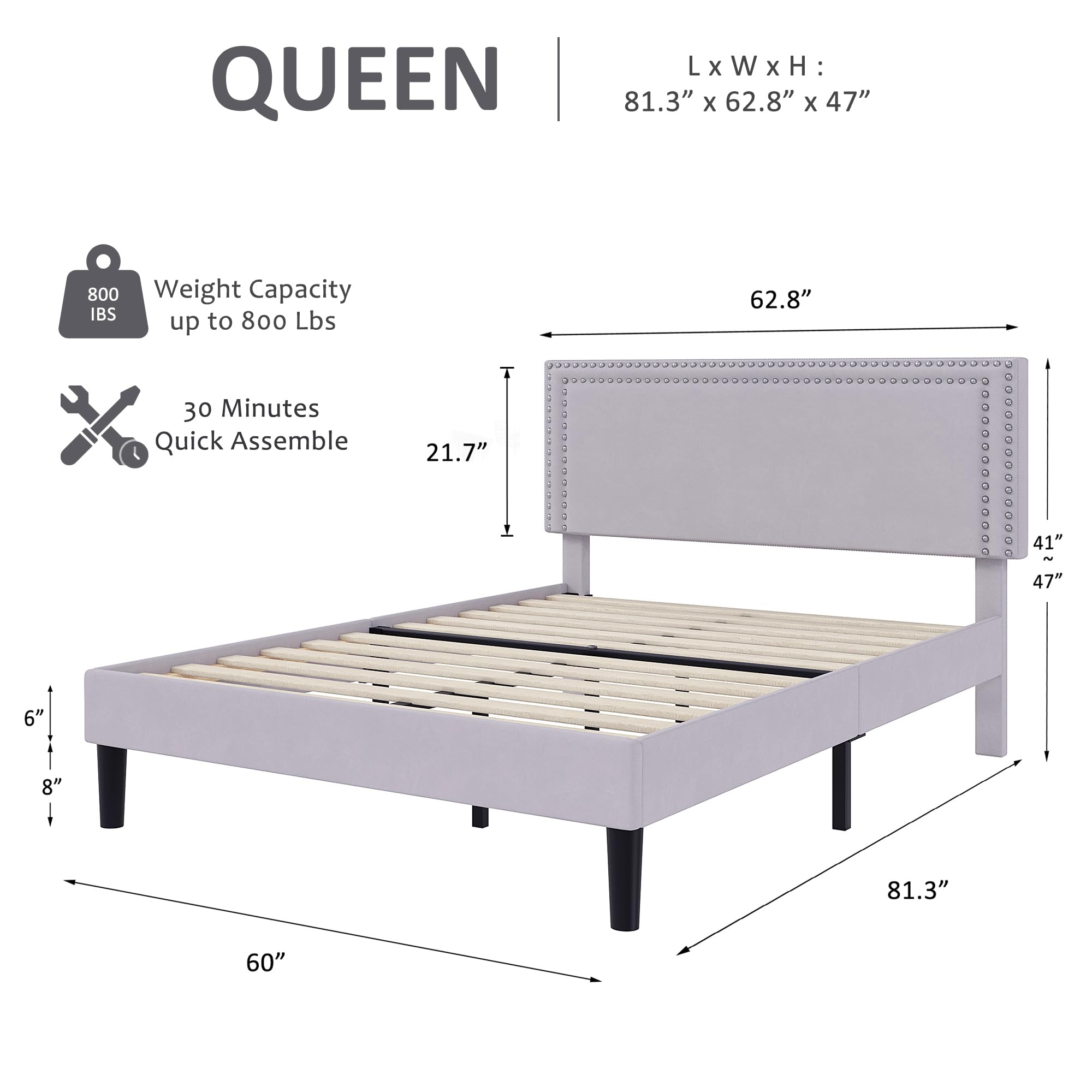 Queen Platform Bed Frame with Adjustable Upholstered Headboard
