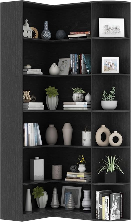 6-Tier L-Shaped Corner Bookcase with Full Baffle