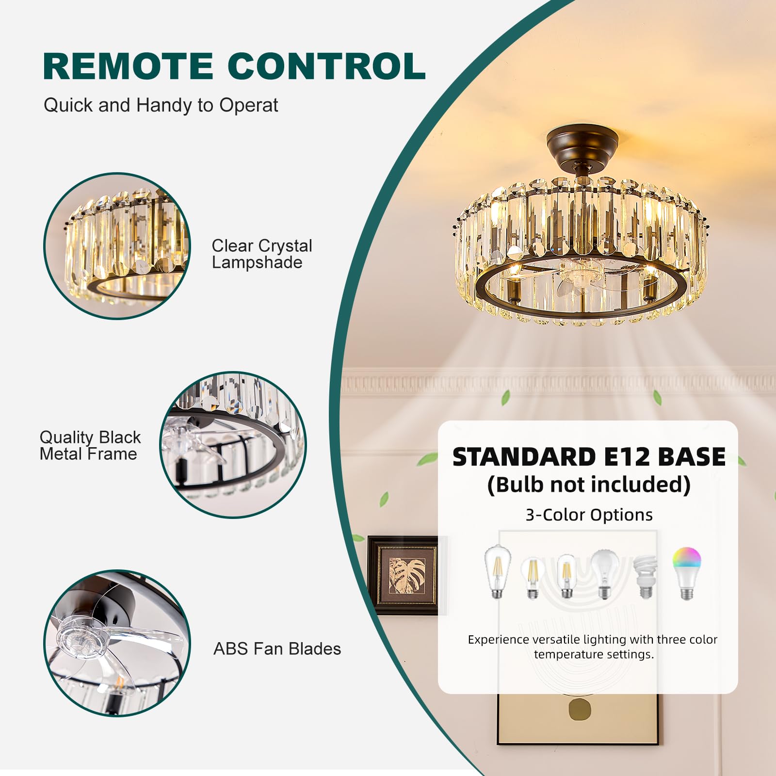 19.7 Inch Black Caged Crystal Ceiling Fan with Light