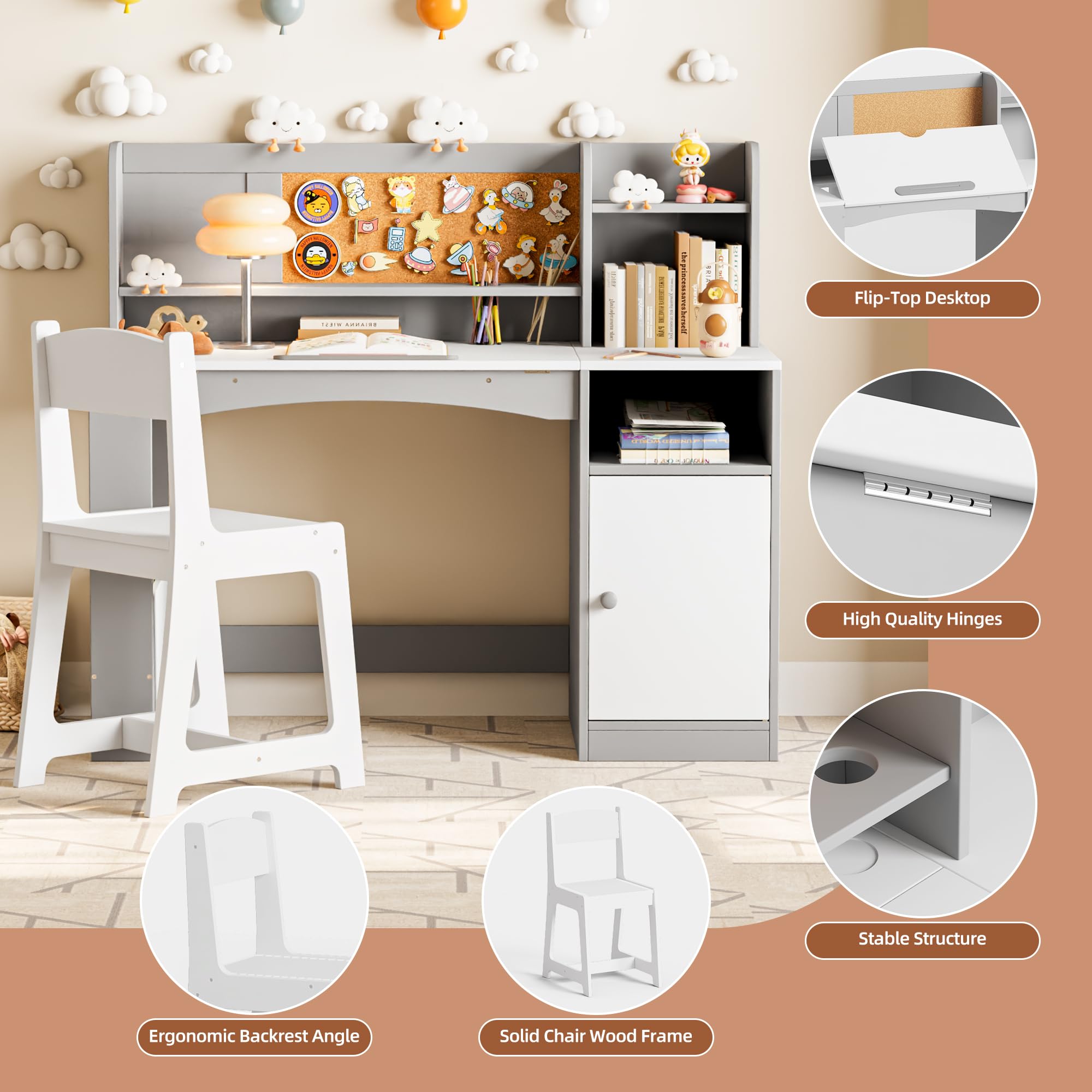 Kids Study Desk and Chair Set with Hutch Storage