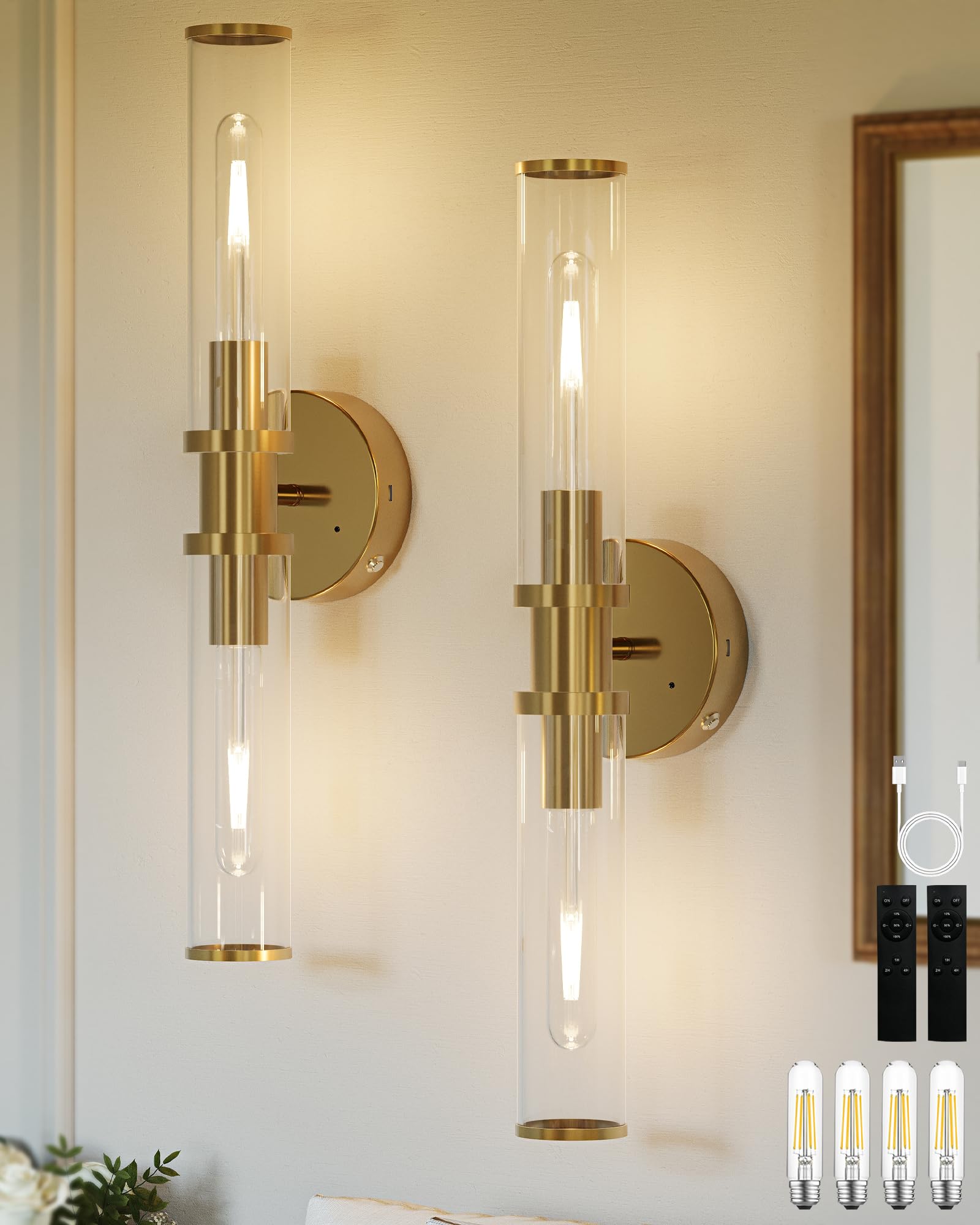 Battery Operated Wall Sconce Set with Remote Control - Dimmable Rechargeable LED Wall Lights