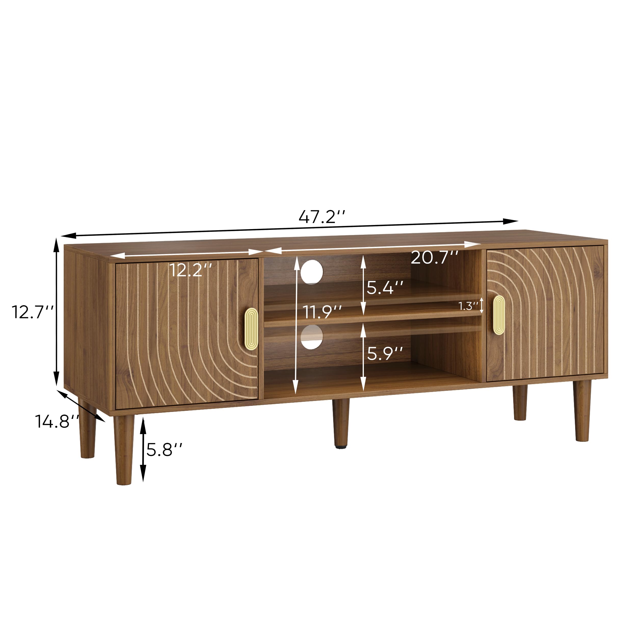 Walnut TV Stand with Line Groove Design - 47.2" Mid Century Modern Media Console