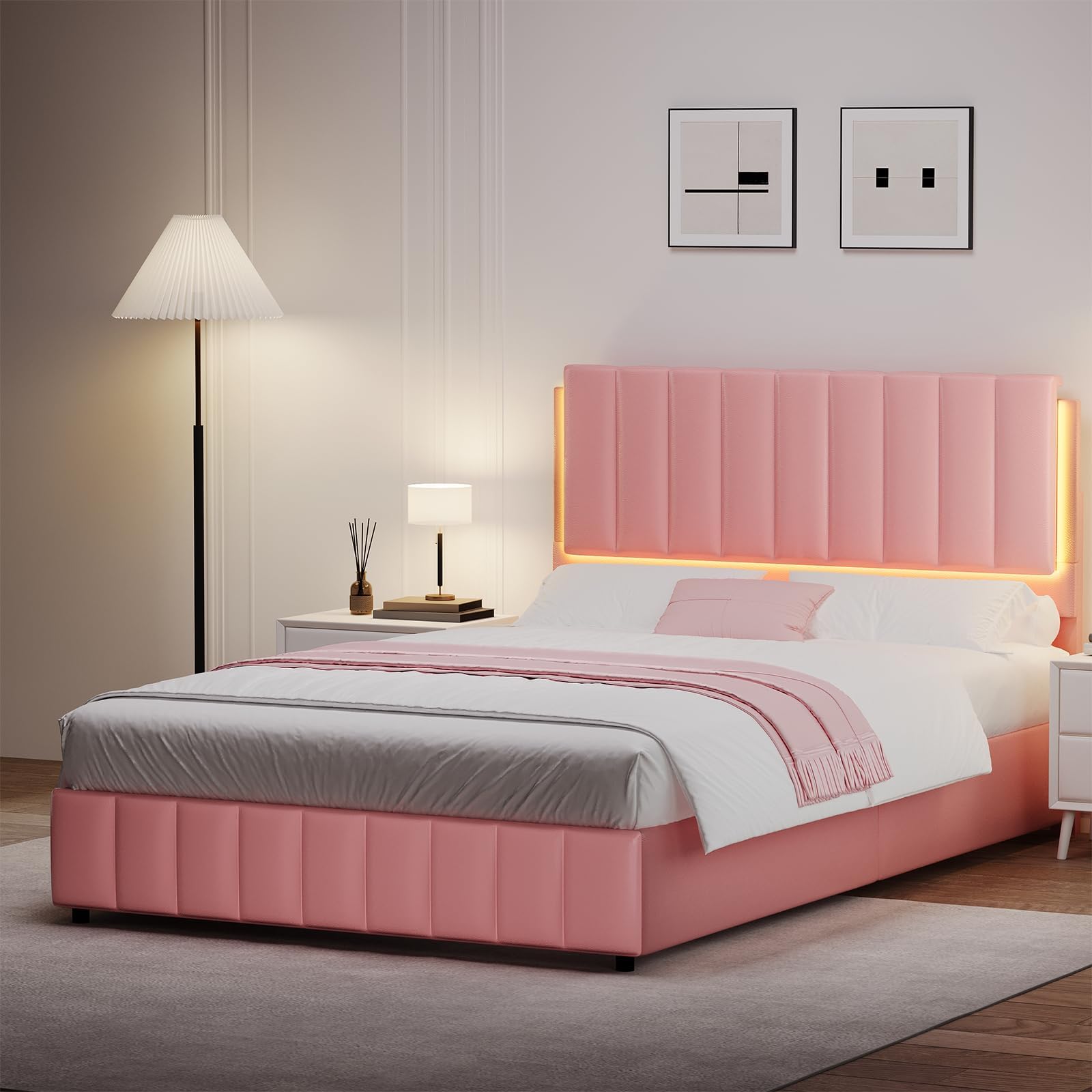 Pink Queen LED Bed Frame with Upholstered Headboard
