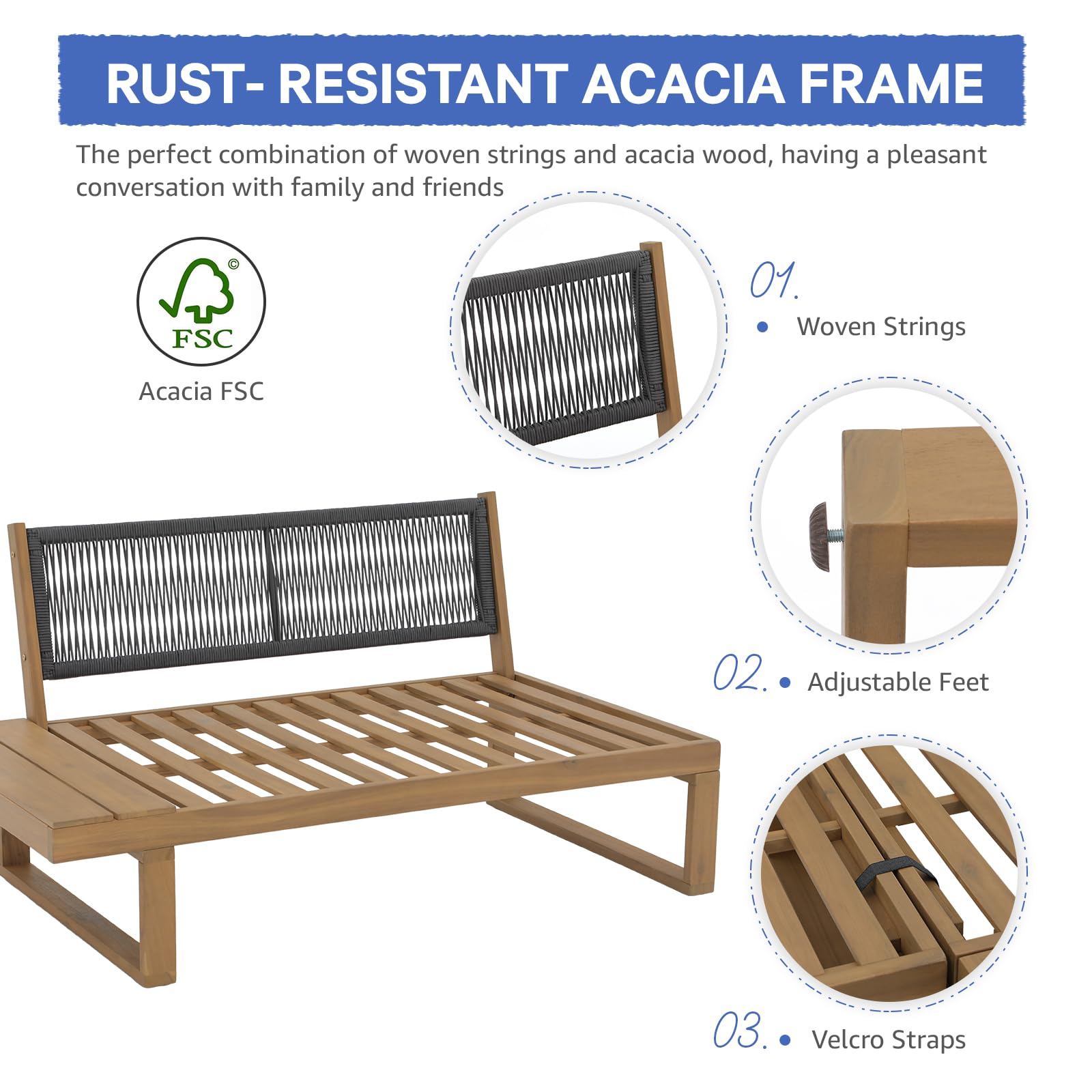 4-Piece Acacia Wood L-Shaped Outdoor Sectional Sofa Set
