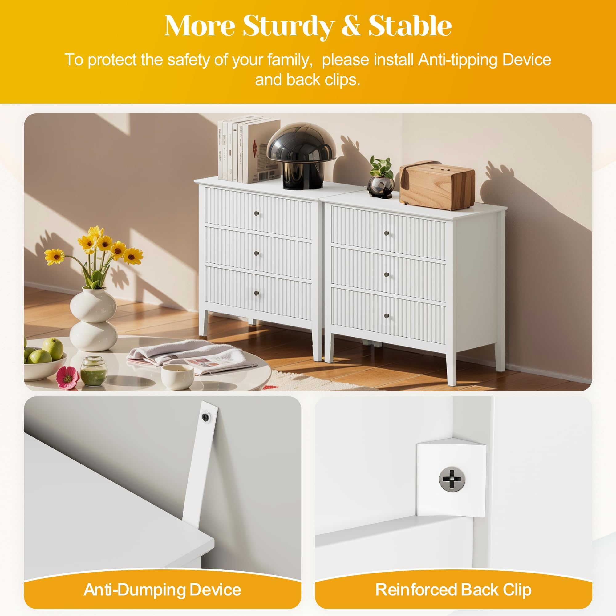 White 3 Drawer Dresser with Fluted Panel