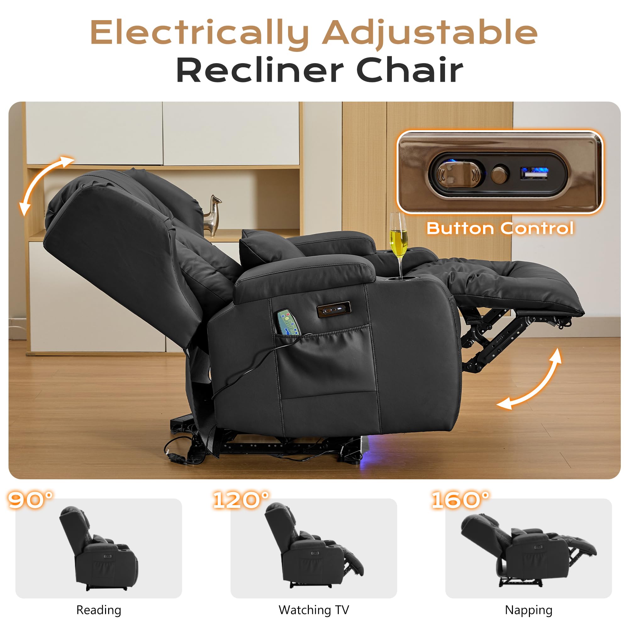 URRED Recliner Chair for Adults, Power Reclining Sofa Chair Home Theater Seating with Vibration Massage and Heat, LED Ambient Light, USB Ports, Cup Holders, Side Pockets (Black)
