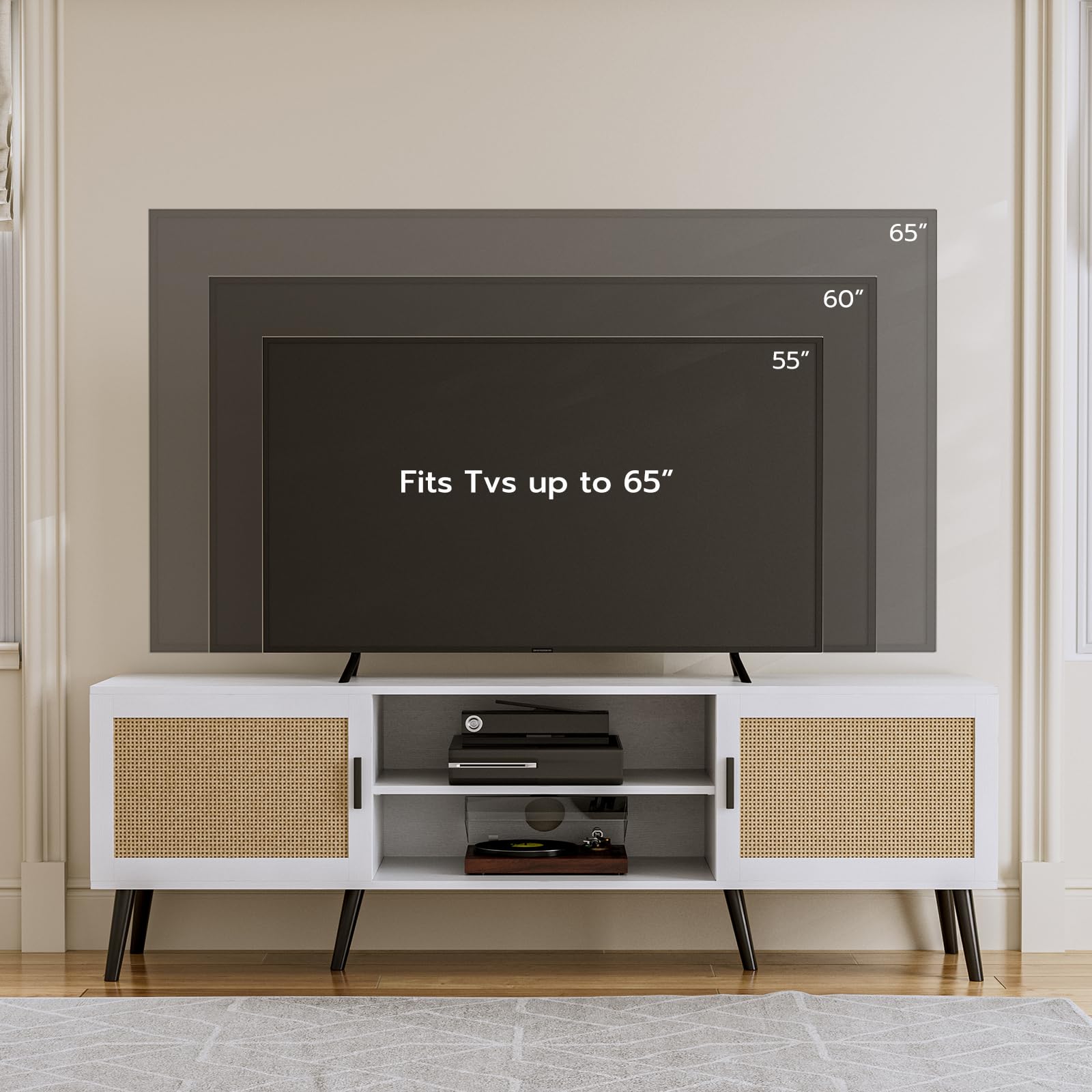 Mid Century Modern TV Stand for TVs up to 65 Inch with Rattan Door and Storage