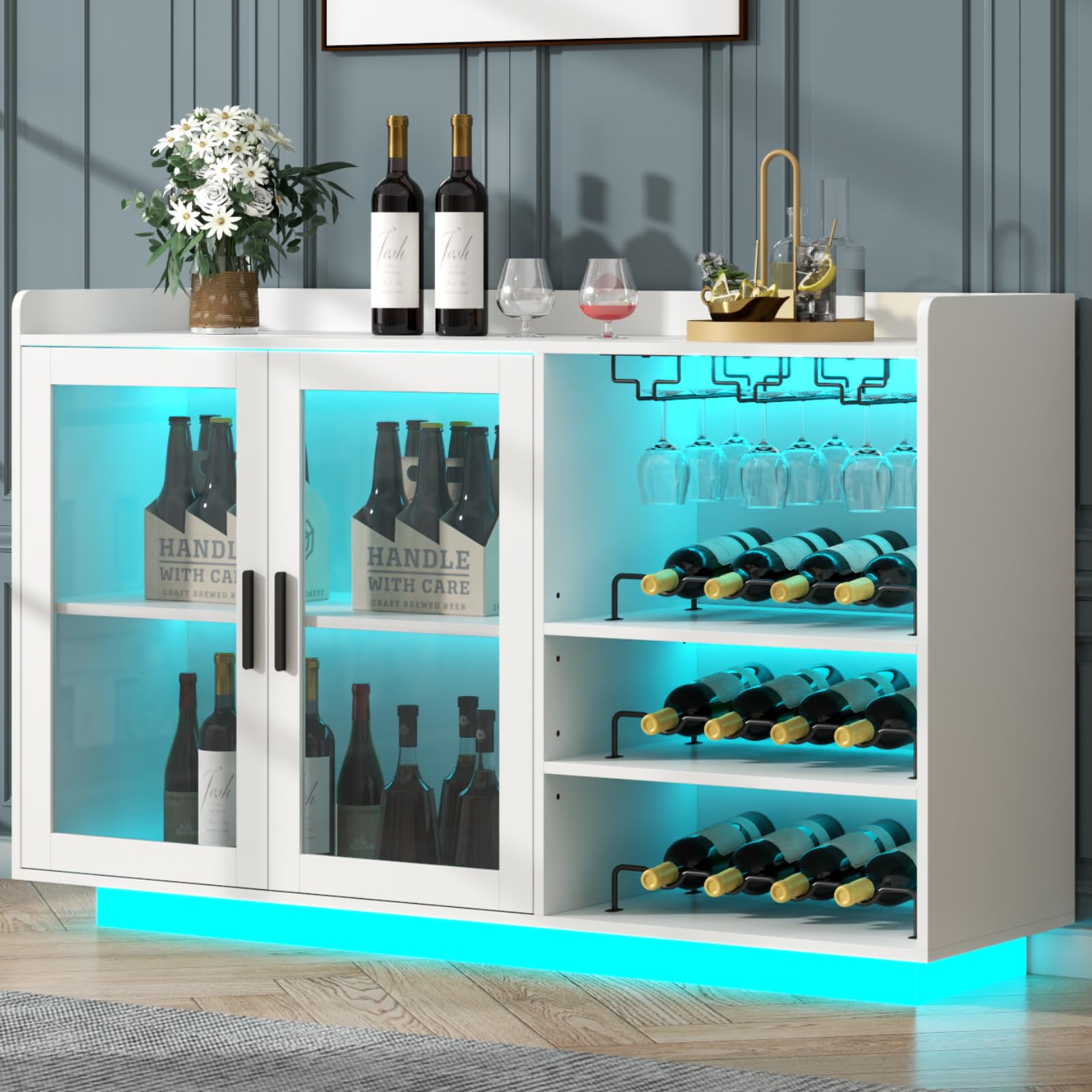 Wine Bar Cabinet with LED Lights and Glass Doors