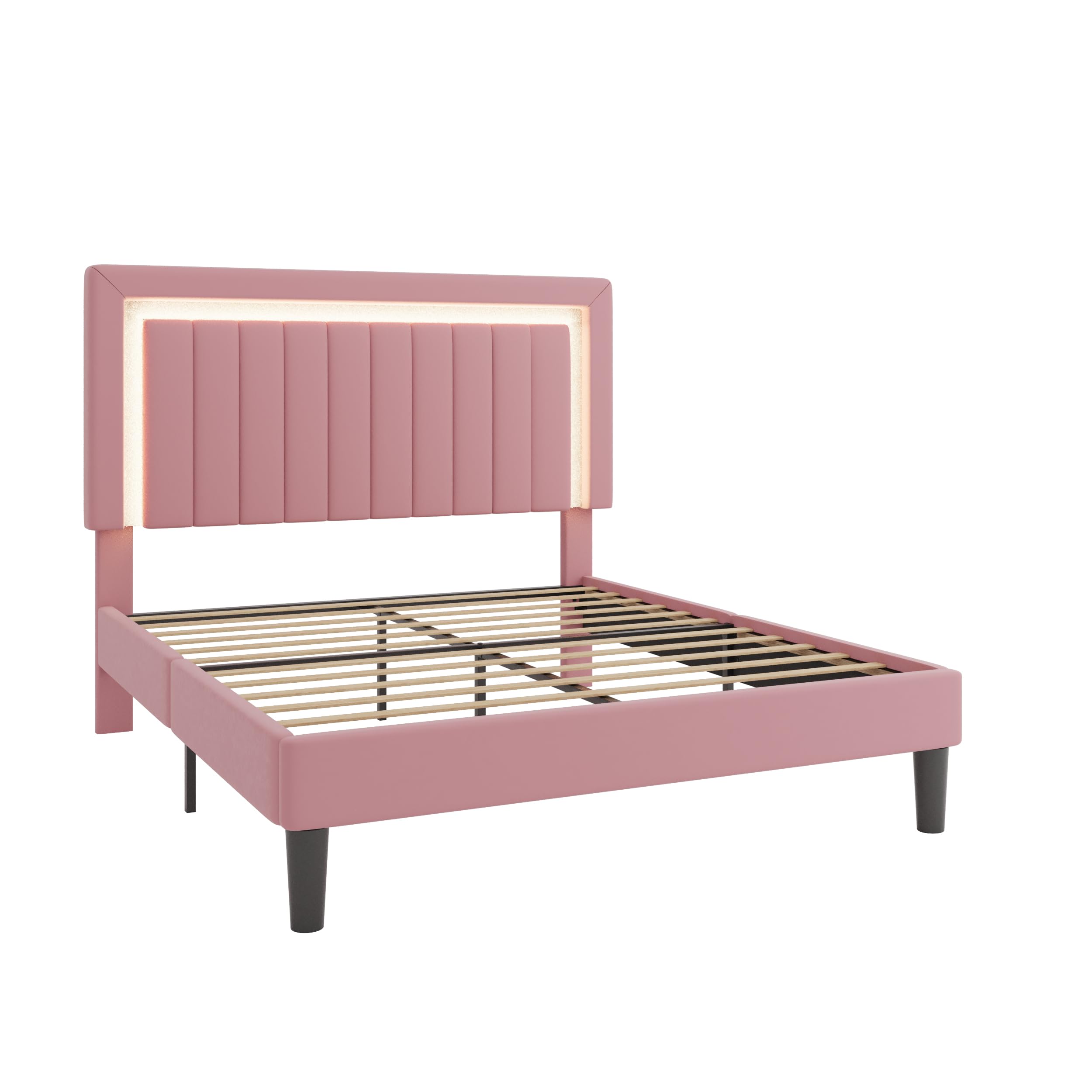Full Size Pink Velvet LED Bed Frame with Adjustable Headboard