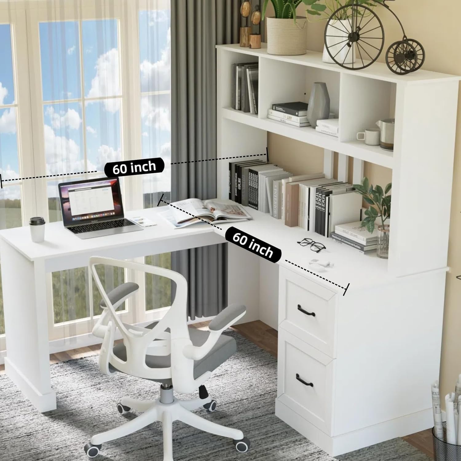 L-Shaped Corner Desk with Hutch and File Cabinet