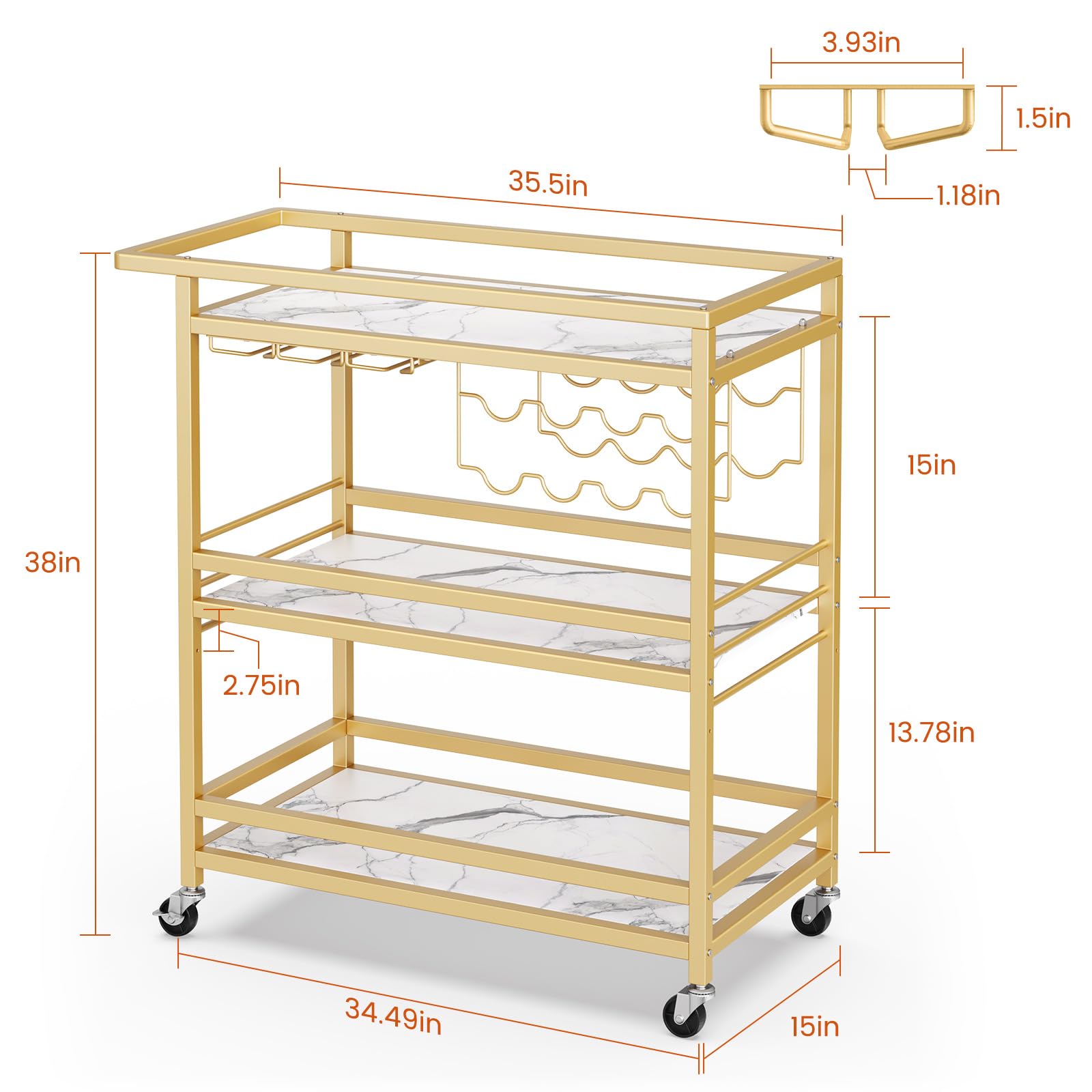 3 Tier Gold Serving Rolling Cart with Wheels