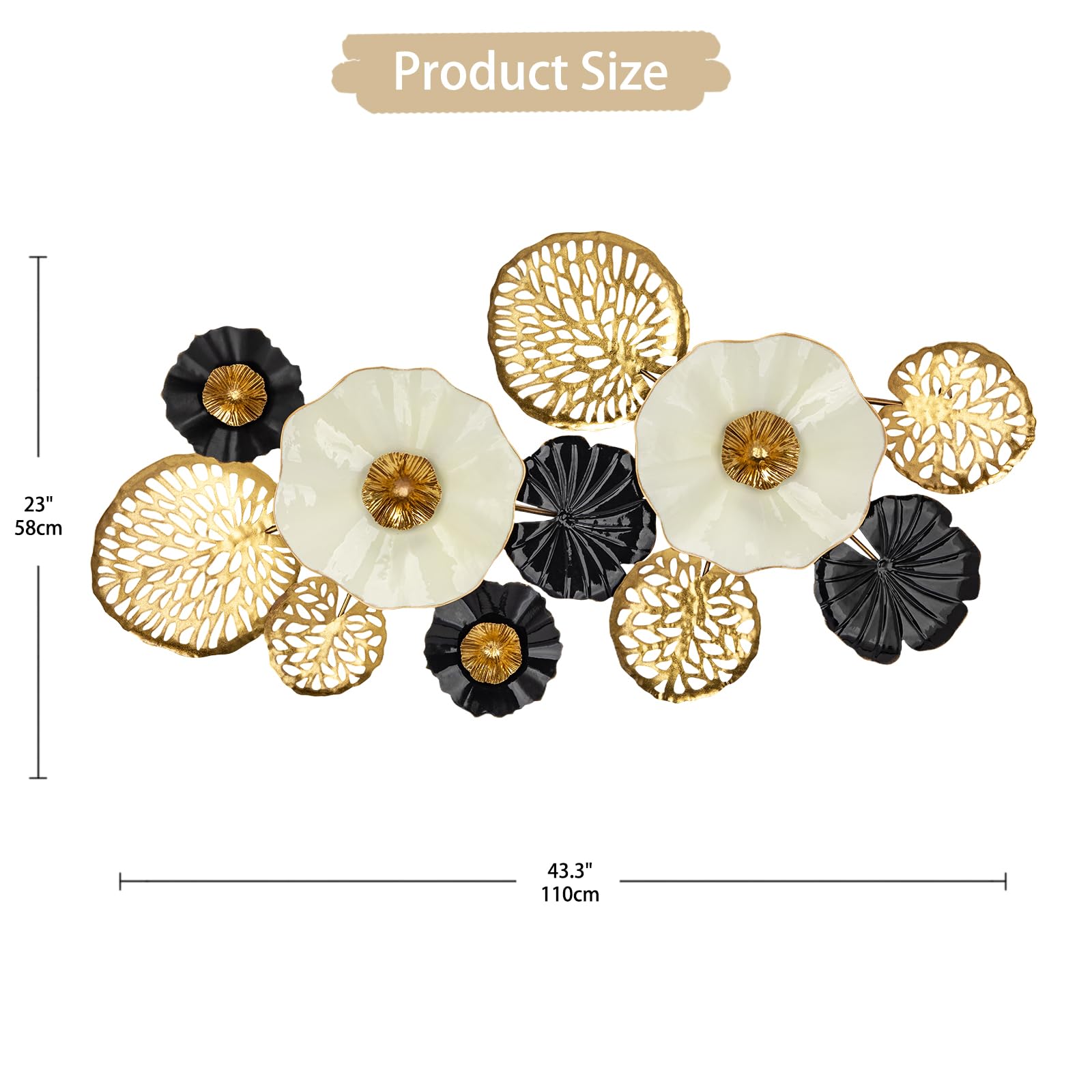Modern Floral Metal Wall Art - Black Gold White Decorative Flower Sculpture