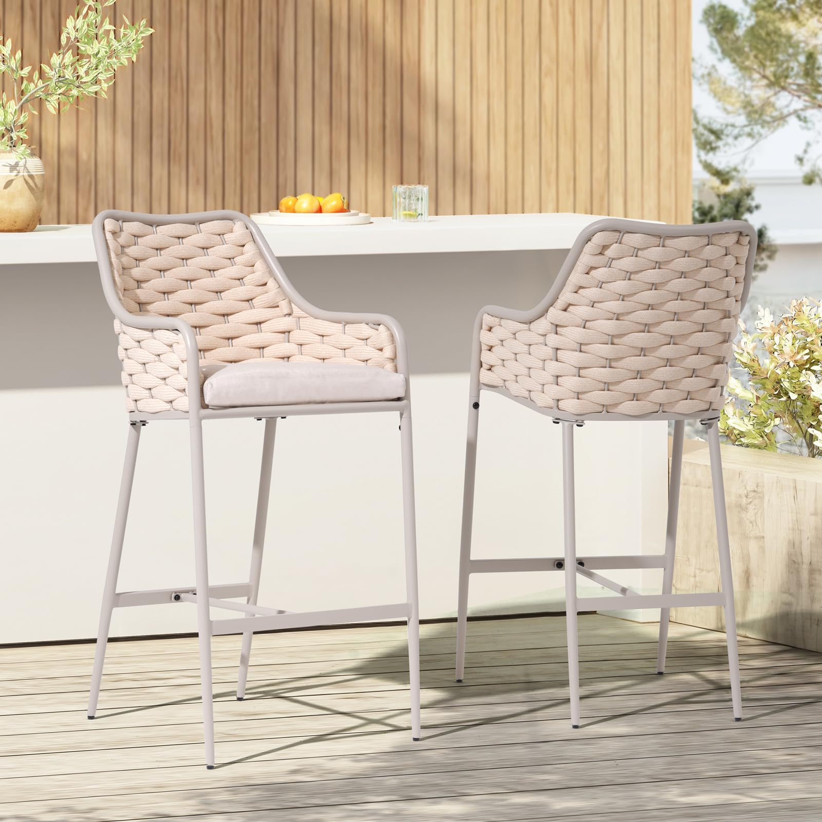 SUNSITT Outdoor Bar Stools Set of 2, 31.8” Patio Metal Counter Height Chairs w/Weather-Resistant Cushion, Woven Rope Design Modern Bar Height Outdoor Chairs w/Armrest Champagne for Garden Poolside