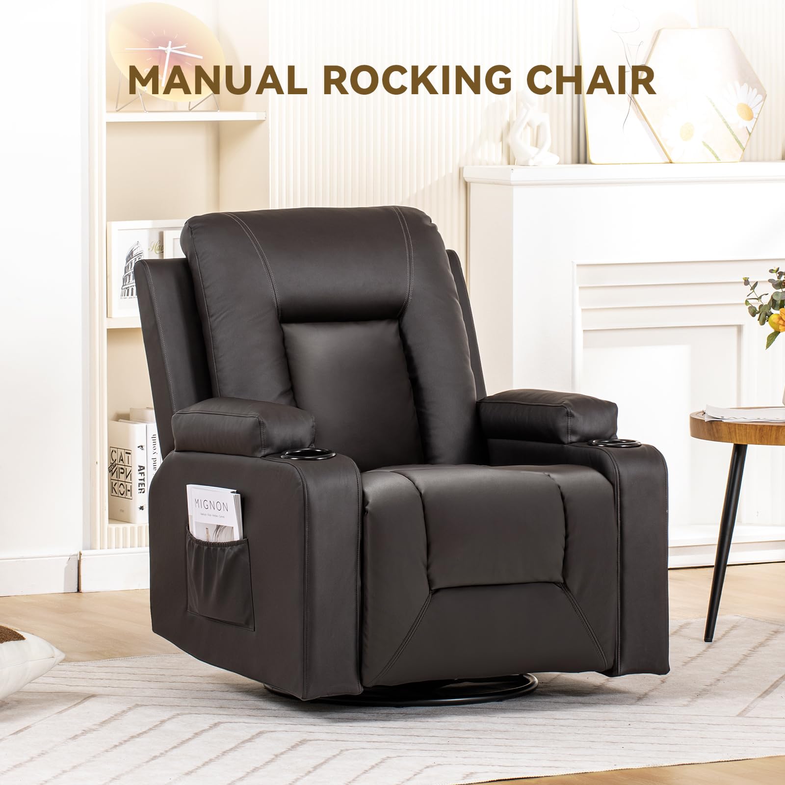 COMHOMA Recliner Chair, Swivel Rocker Recliners, Reclining Sofa with Side Pockets, Cup Holders for Living Room, Bedroom (Brown)