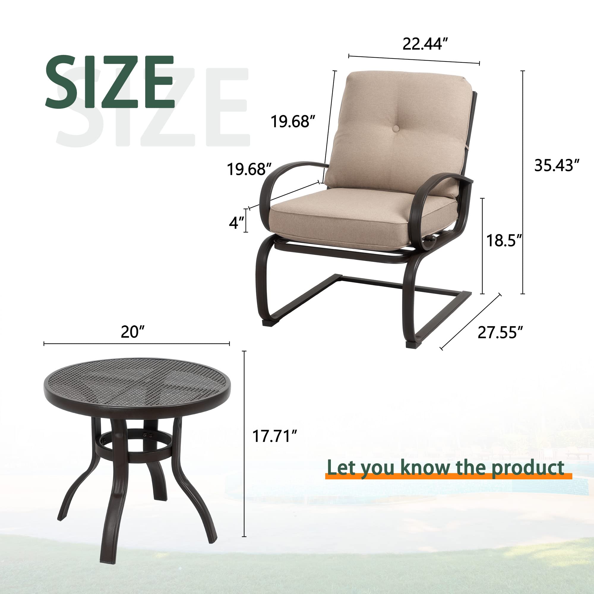 Metal Spring Motion Chairs and Round Cafe Table 3-Piece Outdoor Bistro Set